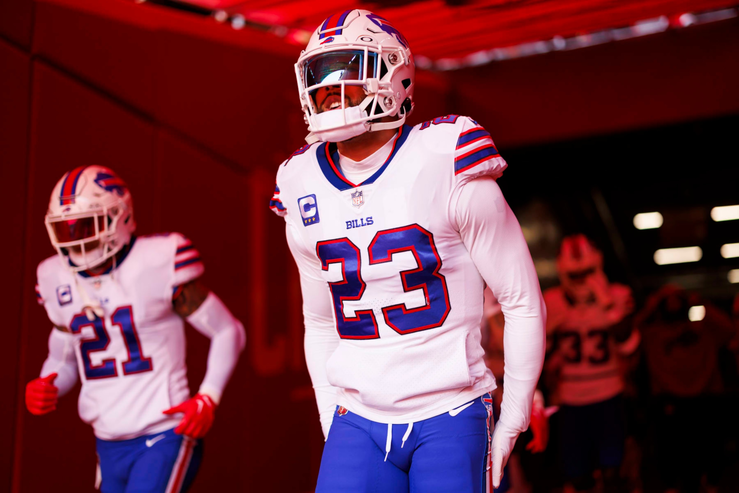 KANSAS CITY, MISSOURI - DECEMBER 10: Micah Hyde #23 of the Buffalo Bills runs onto the field through the locker room tunnel during pregame warmups before an NFL football game against the Kansas City Chiefs at GEHA Field at Arrowhead Stadium on December 10, 2023 in Kansas City, Missouri. (Photo by Ryan Kang/Getty Images) KANSAS CITY, MISSOURI - DECEMBER 10: Micah Hyde #23 of the Buffalo Bills runs onto the field through the locker room tunnel during pregame warmups before an NFL football game against the Kansas City Chiefs at GEHA Field at Arrowhead Stadium on December 10, 2023 in Kansas City, Missouri. (Photo by Ryan Kang/Getty Images)