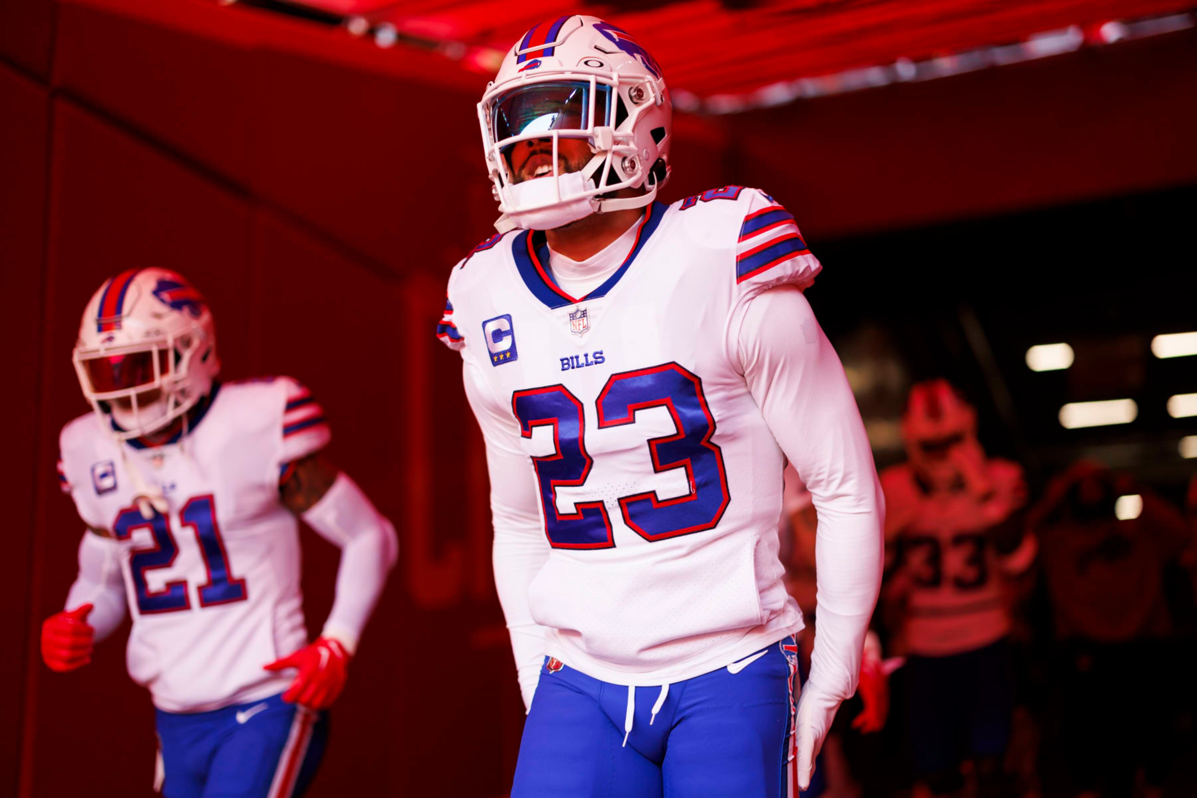 KANSAS CITY, MISSOURI - DECEMBER 10: Micah Hyde #23 of the Buffalo Bills runs onto the field through the locker room tunnel during pregame warmups before an NFL football game against the Kansas City Chiefs at GEHA Field at Arrowhead Stadium on December 10, 2023 in Kansas City, Missouri. (Photo by Ryan Kang/Getty Images)