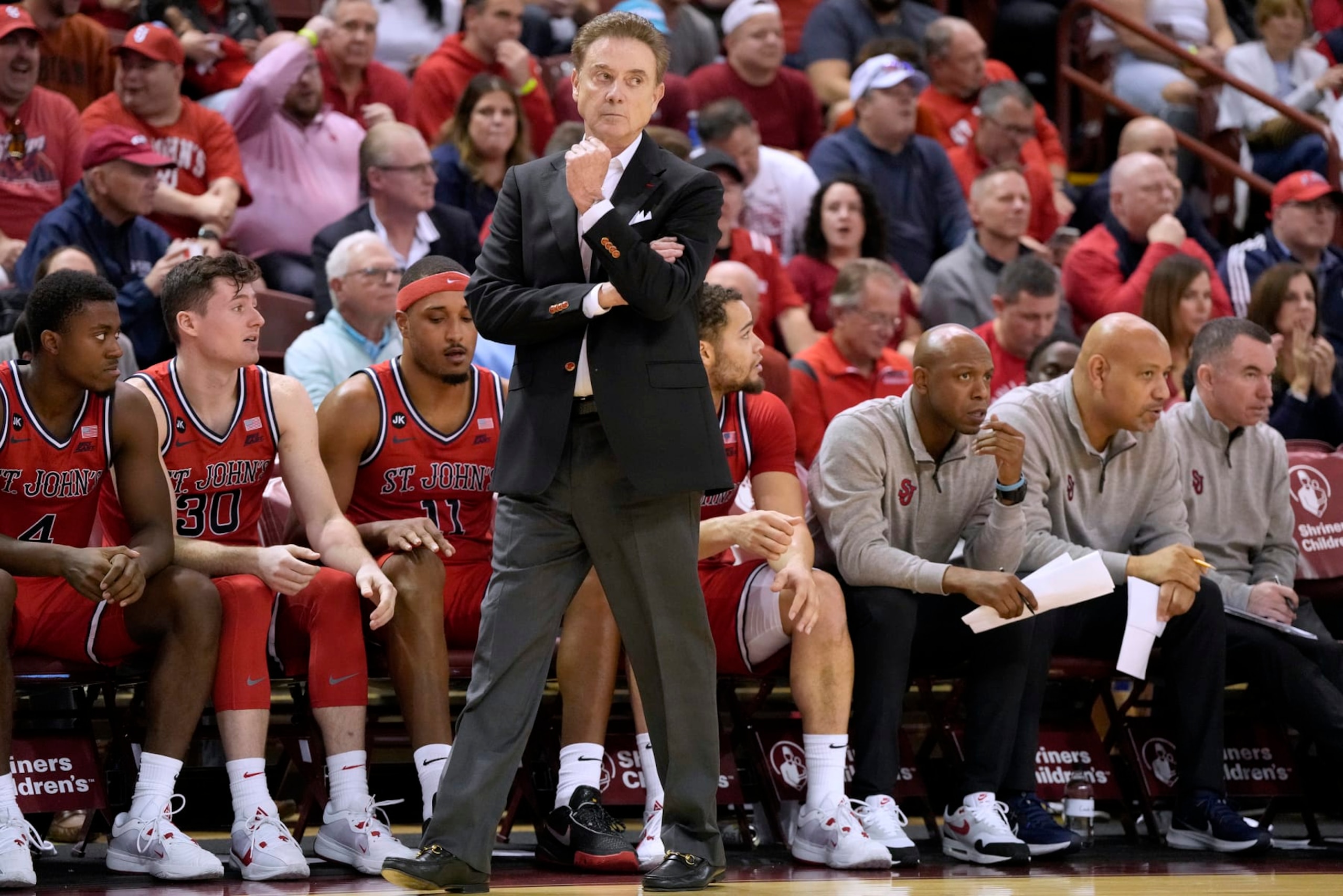 CHARLESTON, SC - NOVEMBER 16:  Head coach Rick Pitino of the St. John's Red Storm looks on in the first half during day one of the Shriners Children's Charleston Classic college basketball game against the North Texas Mean Green at the TD Arena on November 16, 2023 in Charleston, South Carolina.  (Photo by Mitchell Layton/Getty Images)