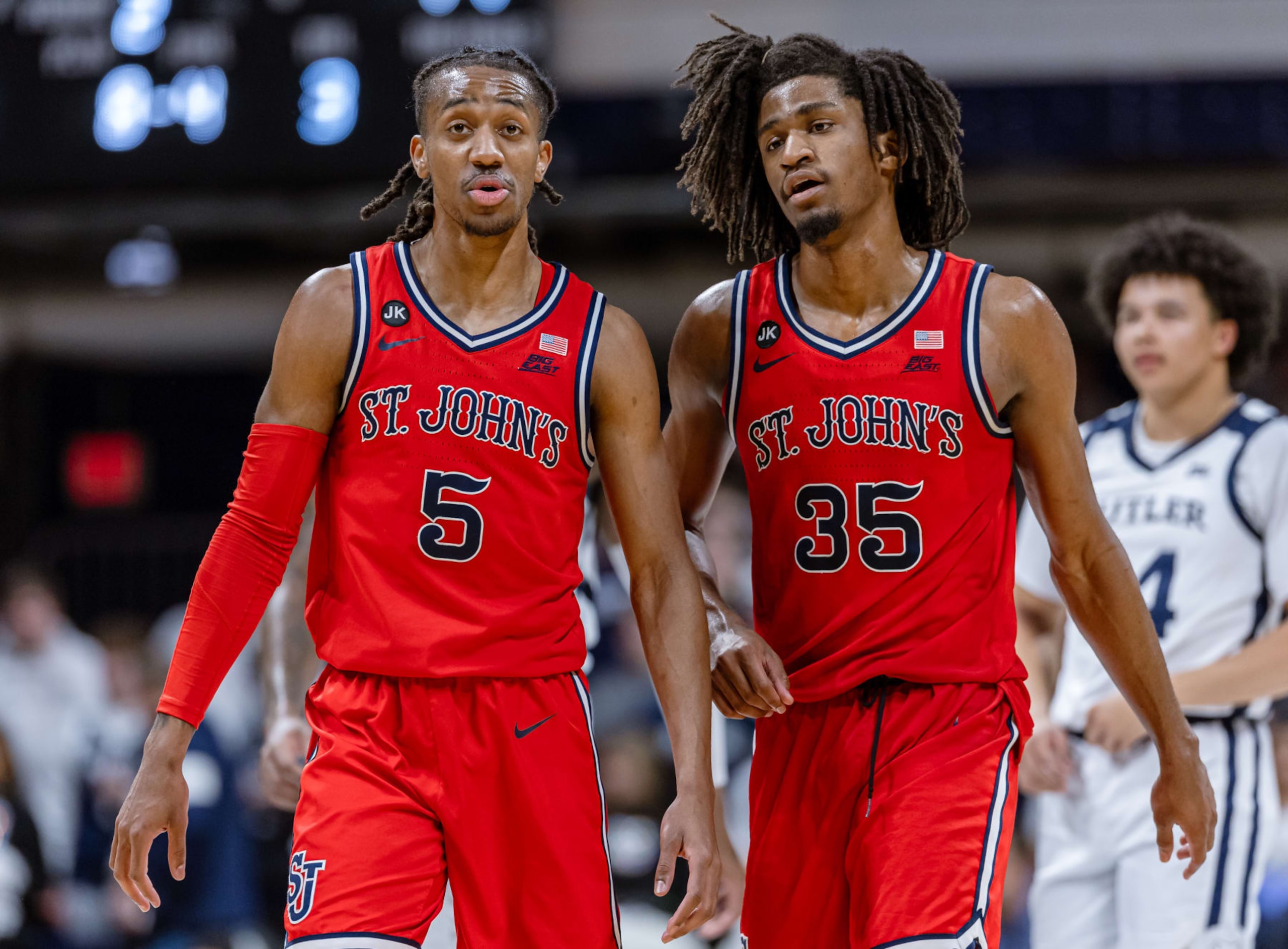 INDIANAPOLIS, INDIANA - FEBRUARY 28: Daniss Jenkins #5 and Glenn Taylor Jr. #35 of the St. John's Red Storm are seen during the game against the Butler Bulldogs at Hinkle Fieldhouse on February 28, 2024 in Indianapolis, Indiana. (Photo by Michael Hickey/Getty Images)