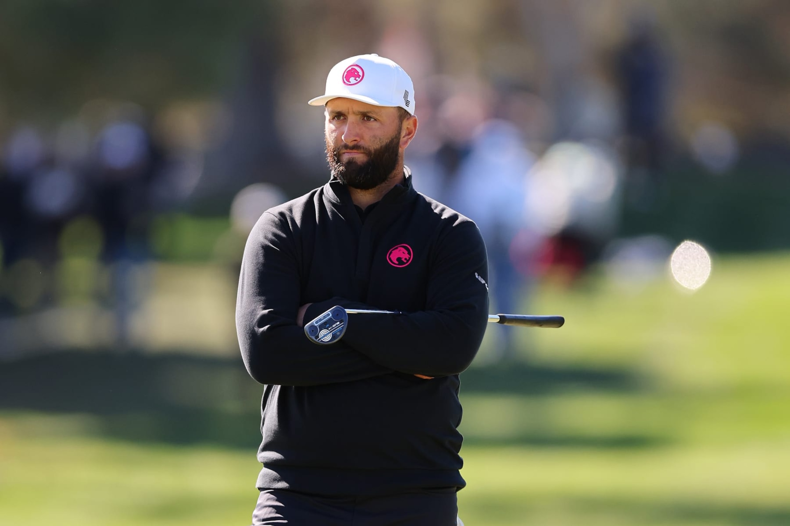 LAS VEGAS, NEVADA - FEBRUARY 10: Captain Jon Rahm of Legion XIII looks over a putt on the third green during day three of the LIV Golf Invitational - Las Vegas at Las Vegas Country Club on February 10, 2024 in Las Vegas, Nevada. (Photo by Michael Reaves/Getty Images)