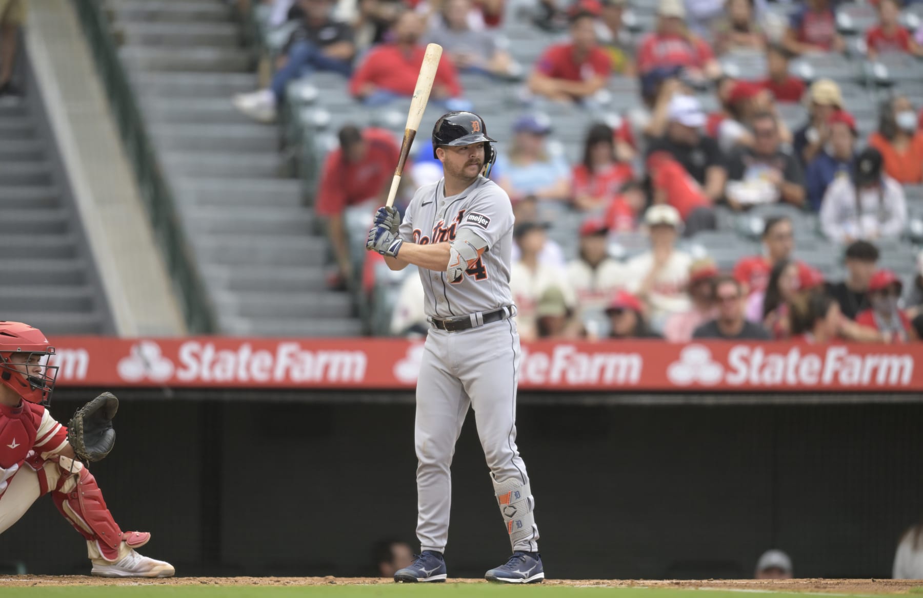 ANAHEIM, CALIFORNIA - SEPTEMBER 17: Jake Rogers #34 of the Detroit Tigers at bat against the Los Angeles Angels at Angel Stadium of Anaheim on September 17, 2023 in Anaheim, California. (Photo by John McCoy/Getty Images)