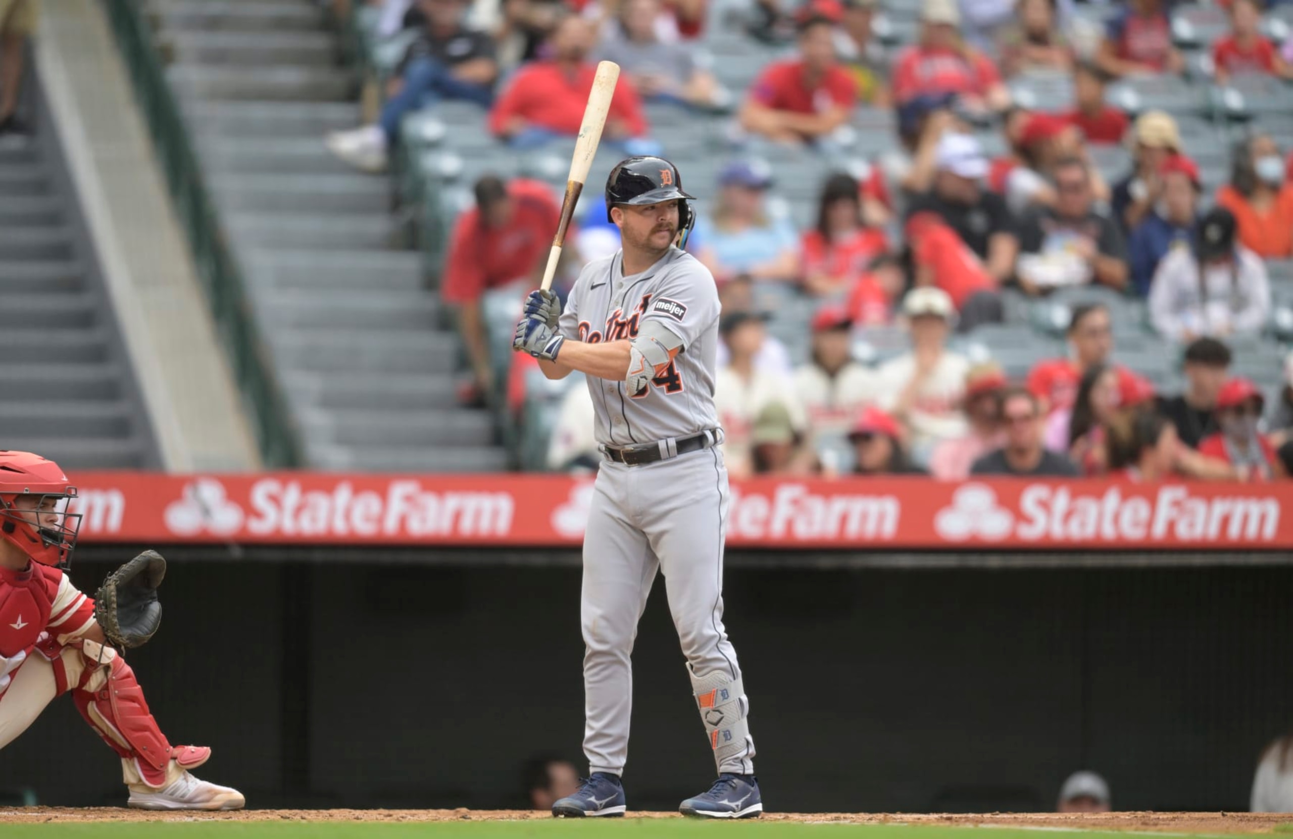 ANAHEIM, CALIFORNIA - SEPTEMBER 17: Jake Rogers #34 of the Detroit Tigers at bat against the Los Angeles Angels at Angel Stadium of Anaheim on September 17, 2023 in Anaheim, California. (Photo by John McCoy/Getty Images) ANAHEIM, CALIFORNIA - SEPTEMBER 17: Jake Rogers #34 of the Detroit Tigers at bat against the Los Angeles Angels at Angel Stadium of Anaheim on September 17, 2023 in Anaheim, California. (Photo by John McCoy/Getty Images)