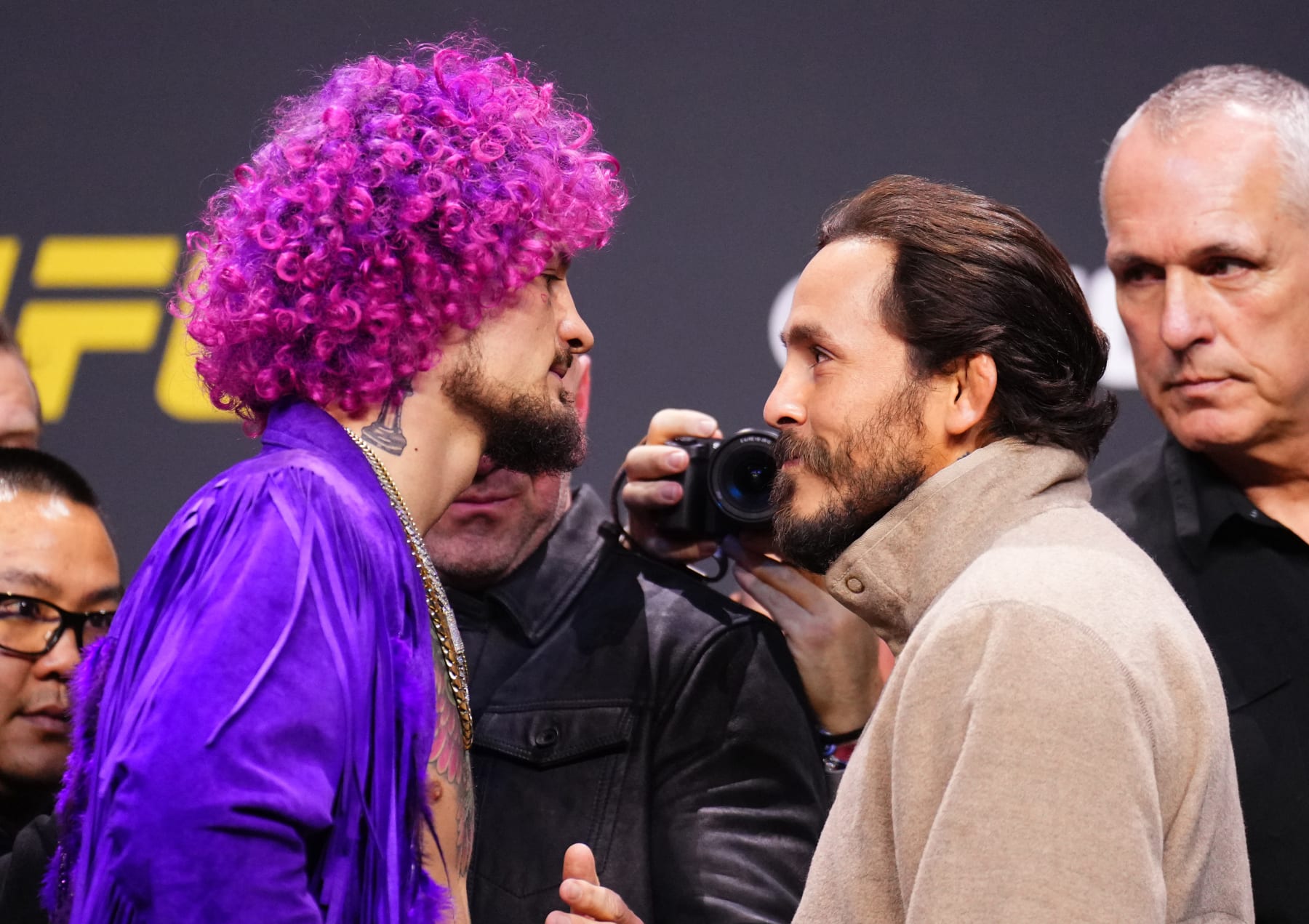 Opponents Sean O'Malley and Marlo Vera face off during the UFC 2024 seasonal press conference