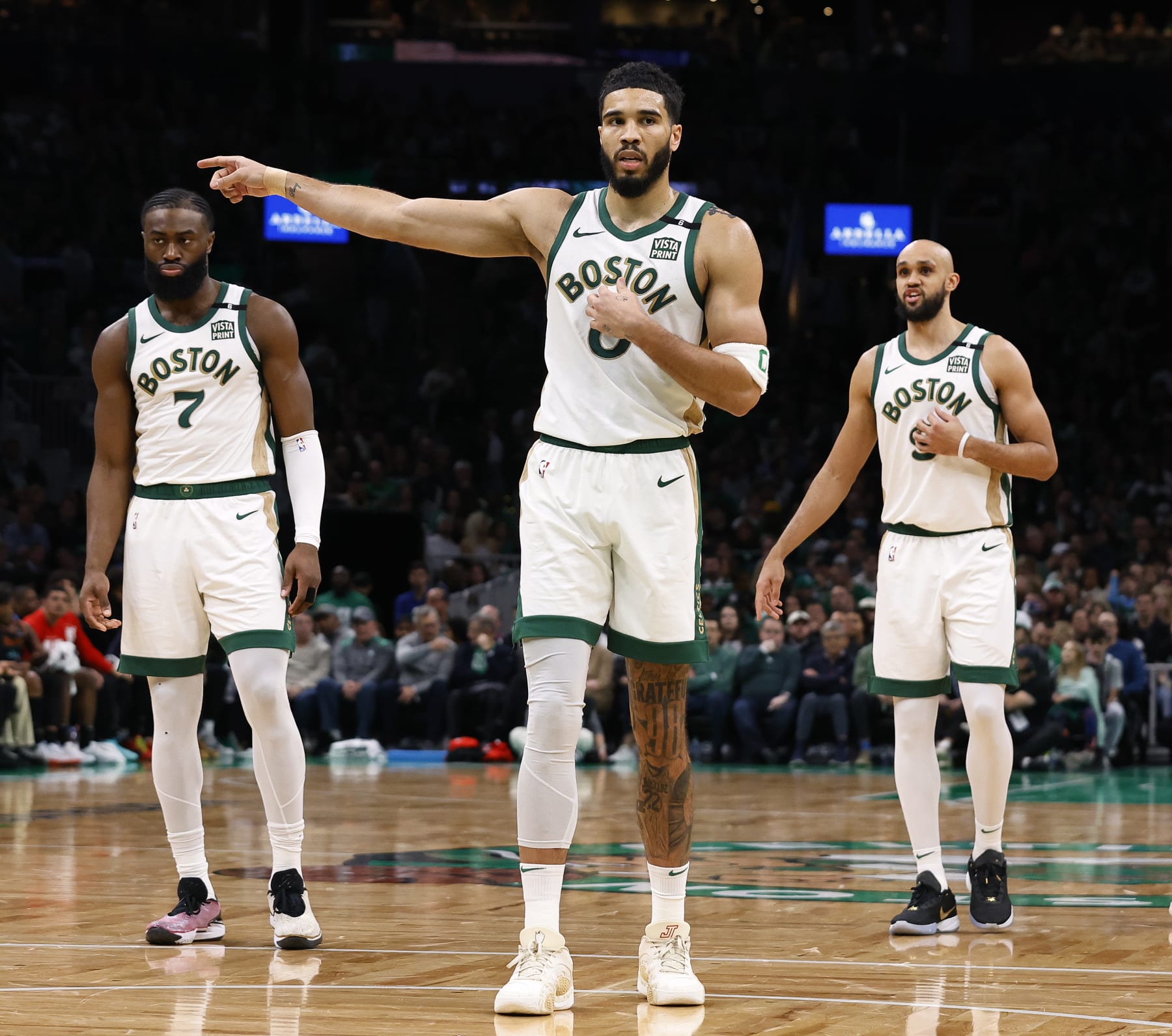 Jaylen Brown, Jayson Tatum and Derrick White
