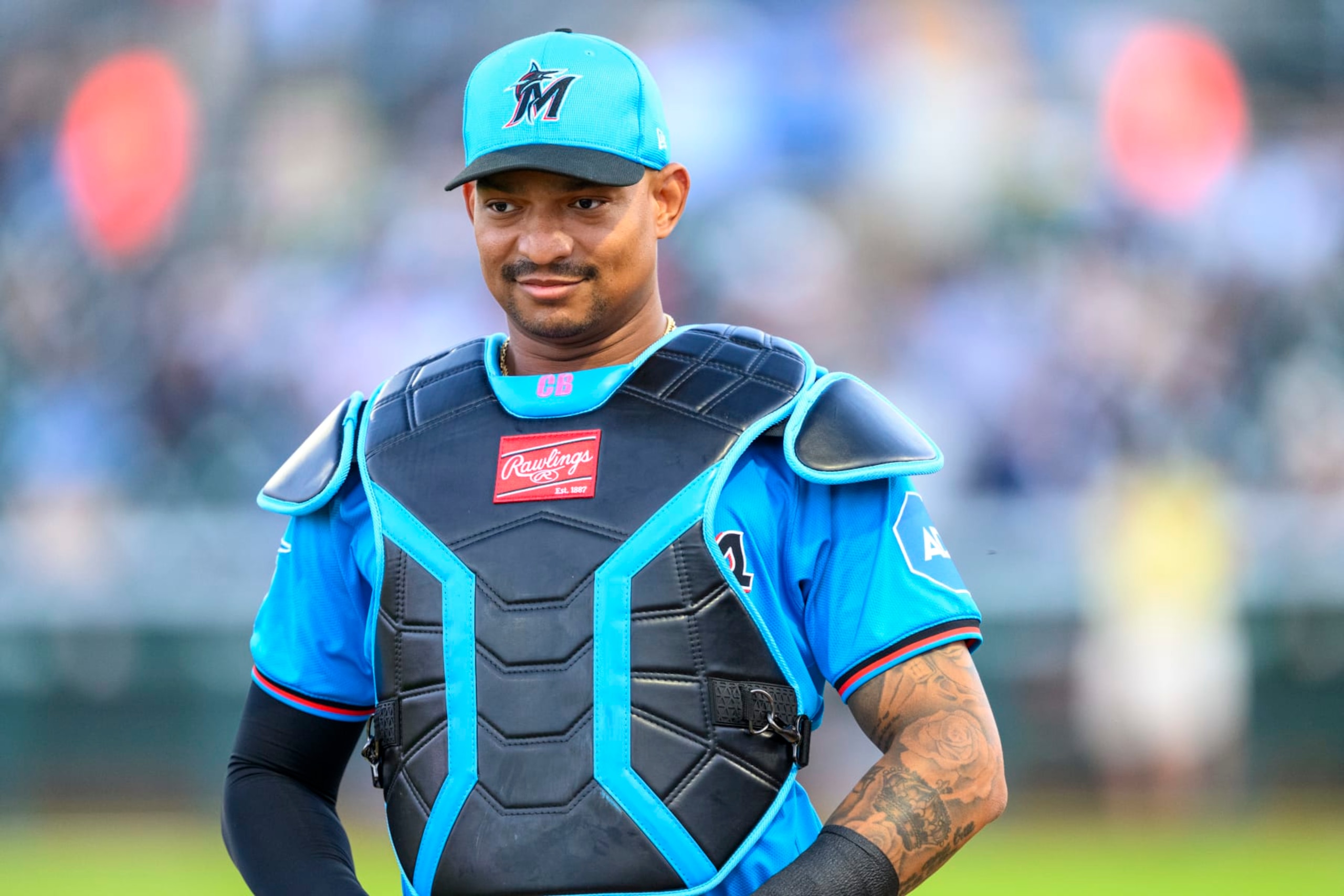 JUPITER, FL - MARCH 04: Miami Marlins catcher Christian Bethancourt (25) smiles before an MLB spring training game between the New York Yankees and the Miami Marlins at the Roger Dean Chevrolet Stadium on March 4, 2024 in Jupiter, Florida. (Photo by Doug Murray/Icon Sportswire via Getty Images) JUPITER, FL - MARCH 04: Miami Marlins catcher Christian Bethancourt (25) smiles before an MLB spring training game between the New York Yankees and the Miami Marlins at the Roger Dean Chevrolet Stadium on March 4, 2024 in Jupiter, Florida. (Photo by Doug Murray/Icon Sportswire via Getty Images)