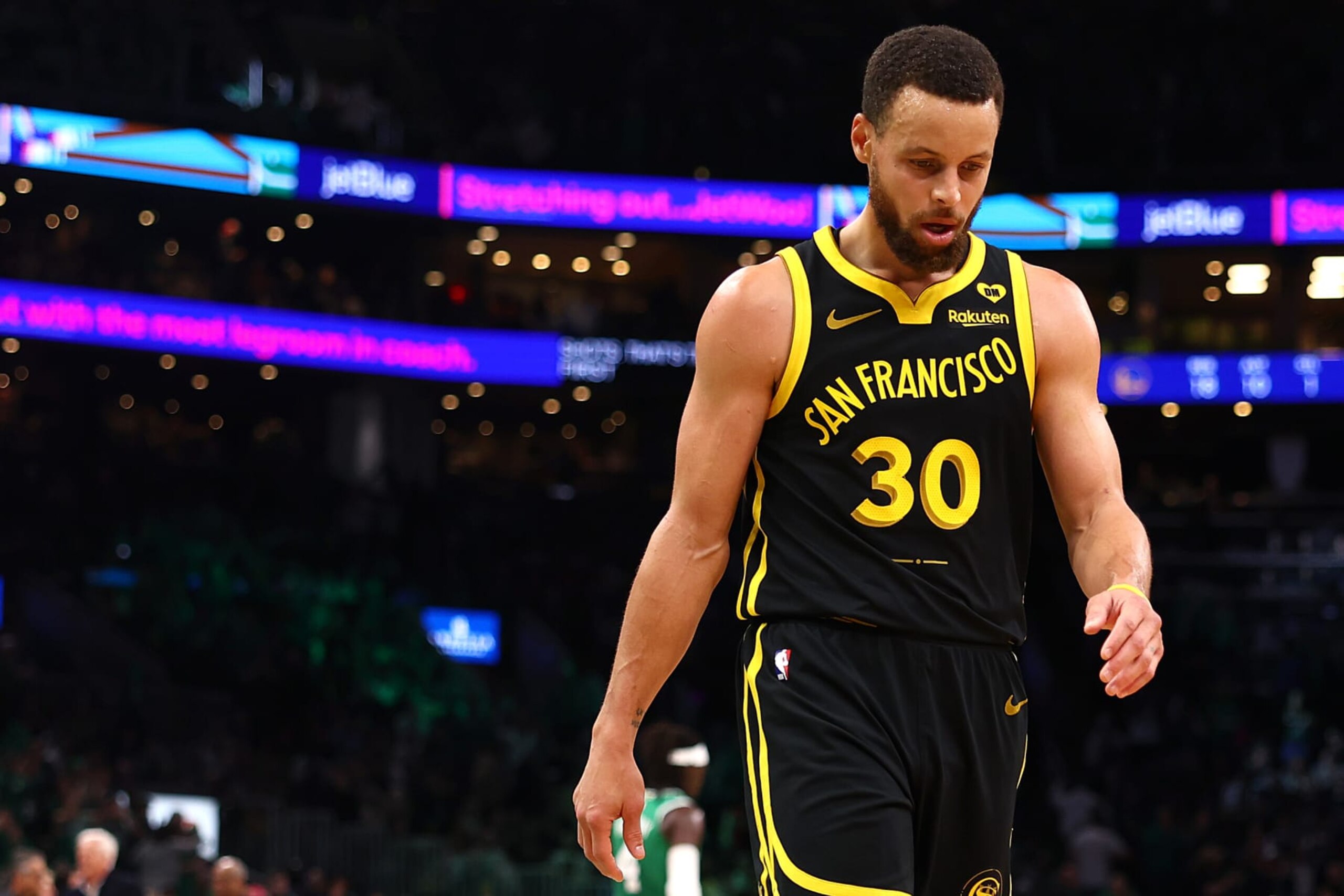 BOSTON, MASSACHUSETTS - MARCH 03: Stephen Curry #30 of the Golden State Warriors walks to the locker room at half time during the game against the Boston Celtics  at TD Garden on March 03, 2024 in Boston, Massachusetts. NOTE TO USER: User expressly acknowledges and agrees that, by downloading and or using this photograph, user is consenting to the terms and conditions of the Getty Images License Agreement.  (Photo by Maddie Meyer/Getty Images)