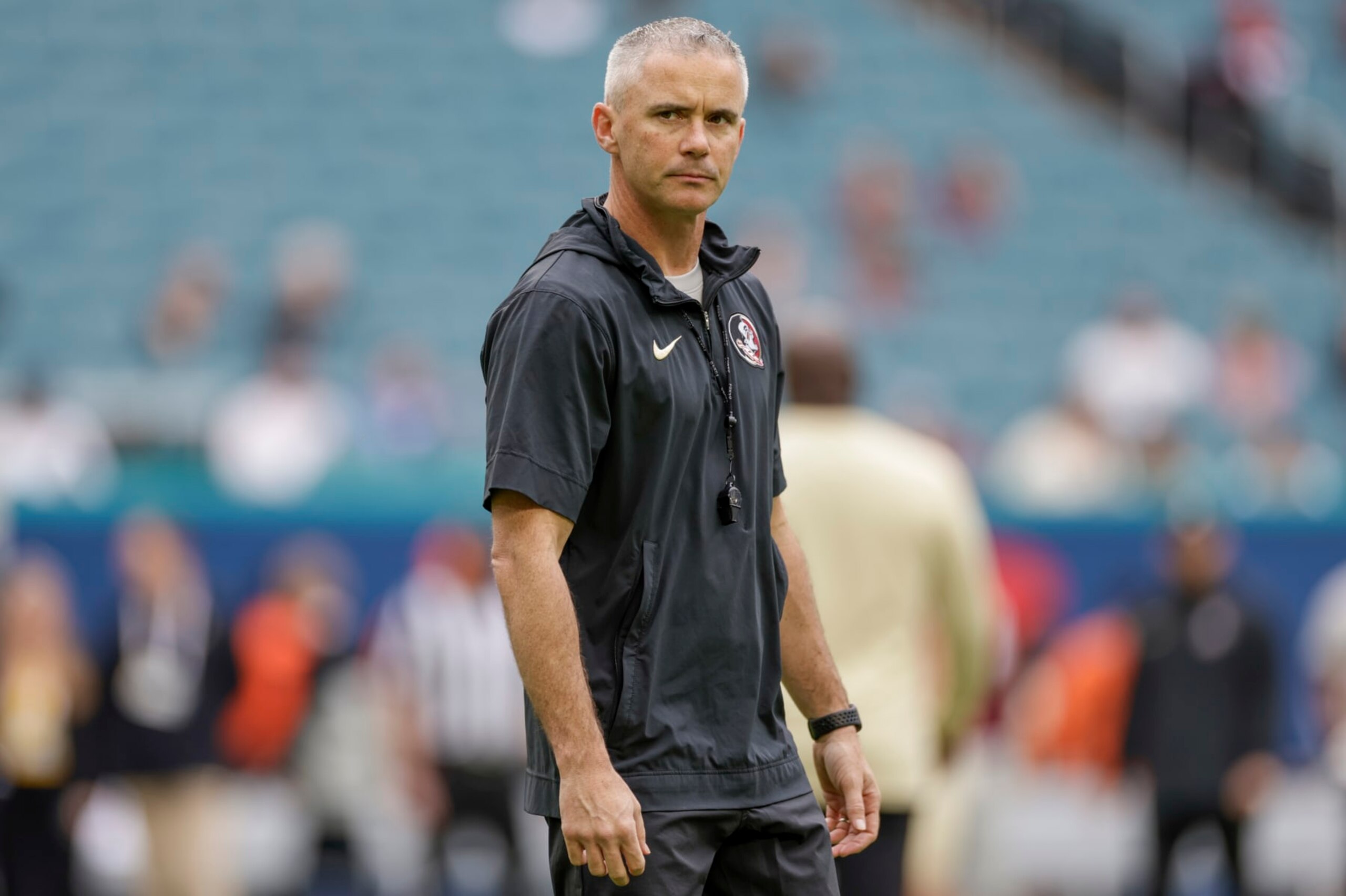 MIAMI GARDENS, FL - DECEMBER 30: Florida State Seminoles head coach Mike Norvell before the game between the Georgia Bulldogs and the Florida State Seminoles on December 30, 2023 at Hard Rock Stadium in Miami Gardens, Fl.  (Photo by David Rosenblum/Icon Sportswire via Getty Images)