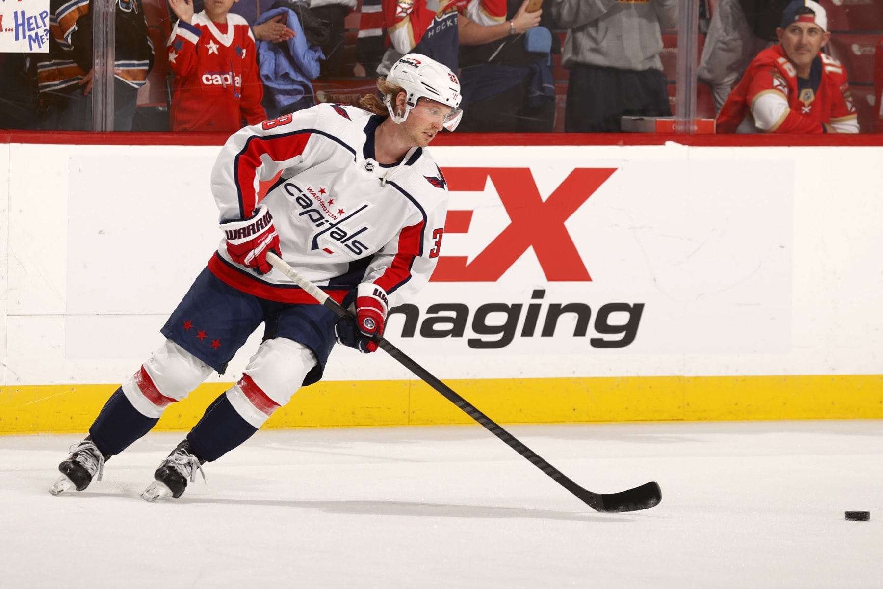 SUNRISE, FLORIDA - FEBRUARY 24: Rasmus Sandin #38 of the Washington Capitals warms up on the ice prior to the start of the game against the Florida Panthers at the Amerant Bank Arena on February 24, 2024 in Sunrise, Florida. (Photo by Eliot J. Schechter/NHLI via Getty Images)