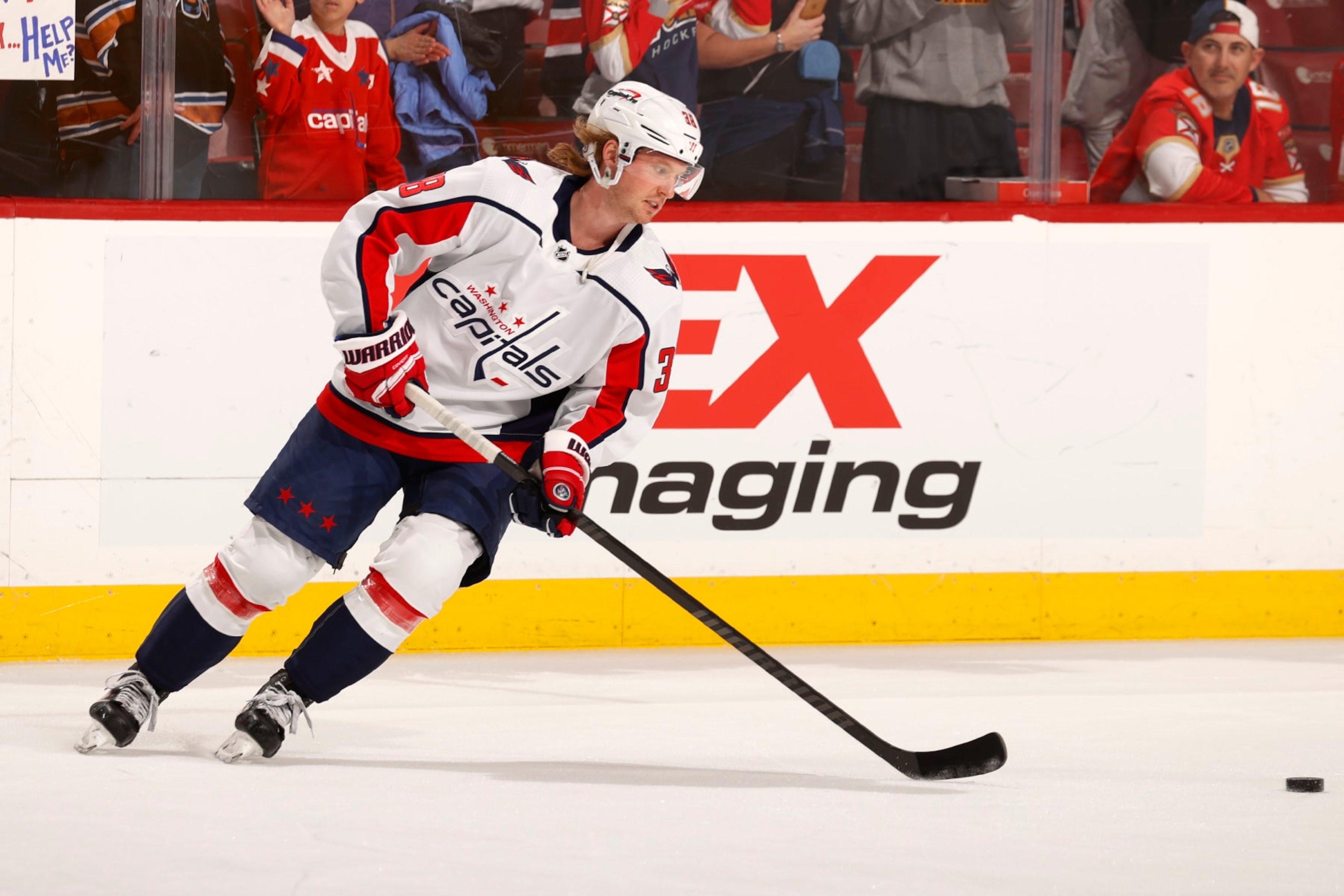 SUNRISE, FLORIDA - FEBRUARY 24: Rasmus Sandin #38 of the Washington Capitals warms up on the ice prior to the start of the game against the Florida Panthers at the Amerant Bank Arena on February 24, 2024 in Sunrise, Florida. (Photo by Eliot J. Schechter/NHLI via Getty Images) SUNRISE, FLORIDA - FEBRUARY 24: Rasmus Sandin #38 of the Washington Capitals warms up on the ice prior to the start of the game against the Florida Panthers at the Amerant Bank Arena on February 24, 2024 in Sunrise, Florida. (Photo by Eliot J. Schechter/NHLI via Getty Images)