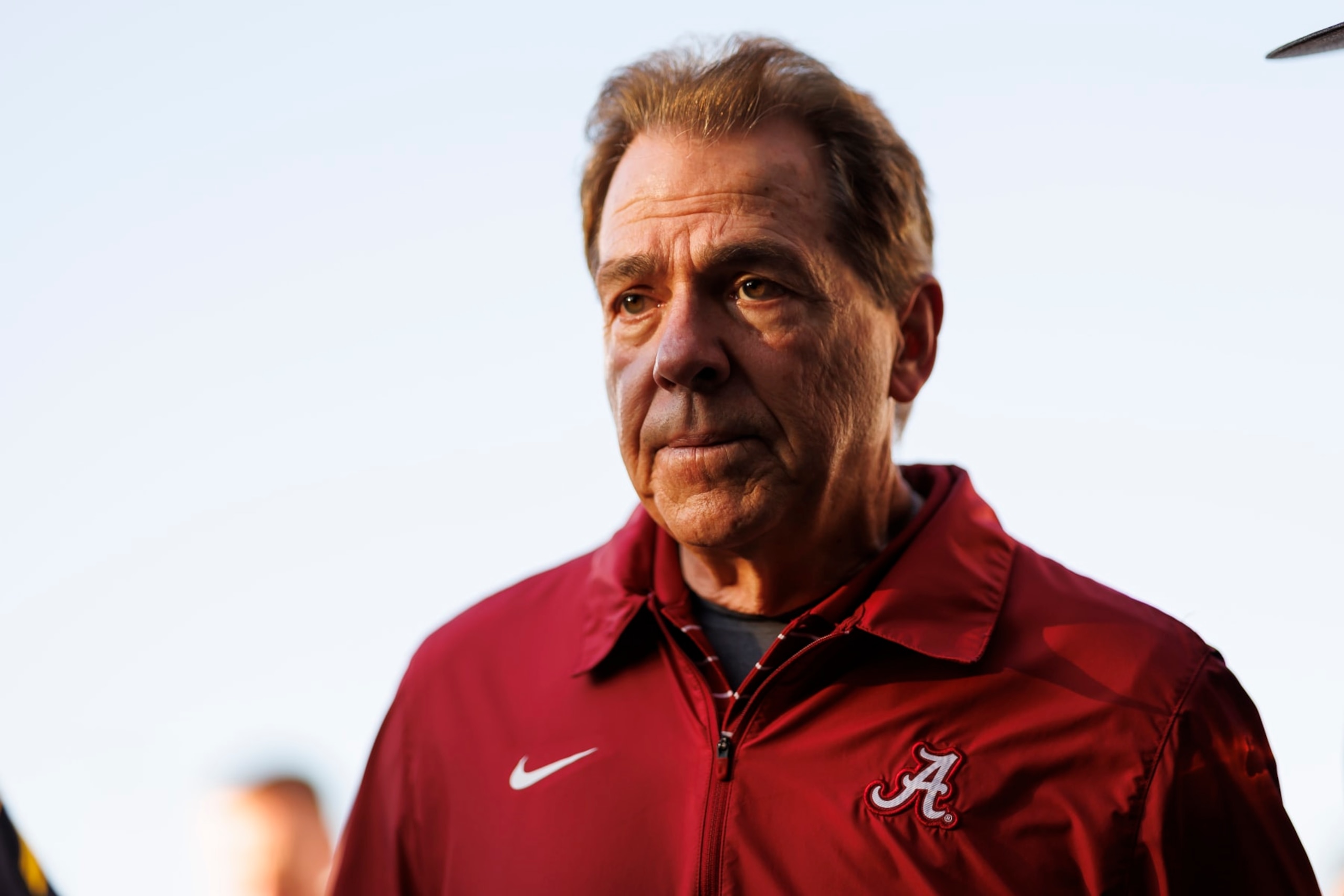 PASADENA, CALIFORNIA - JANUARY 01: Head coach Nick Saban of the Alabama Crimson Tide runs off the field at halftime during the CFP Semifinal Rose Bowl Game against the Michigan Wolverines at Rose Bowl Stadium on January 1, 2024 in Pasadena, California. (Photo by Ryan Kang/Getty Images)