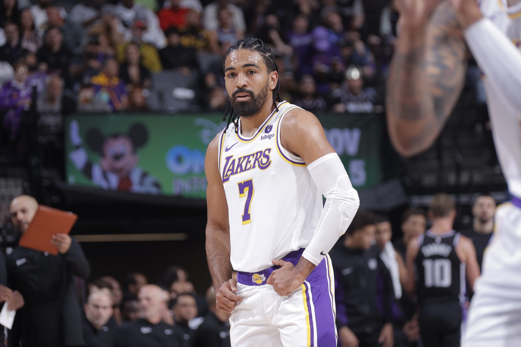 SACRAMENTO, CA - OCTOBER 29: Gabe Vincent #7 of the Los Angeles Lakers looks on during the game against the Sacramento Kings on October 29, 2023 at Golden 1 Center in Sacramento, California. NOTE TO USER: User expressly acknowledges and agrees that, by downloading and or using this photograph, User is consenting to the terms and conditions of the Getty Images Agreement. Mandatory Copyright Notice: Copyright 2023 NBAE (Photo by Rocky Widner/NBAE via Getty Images)