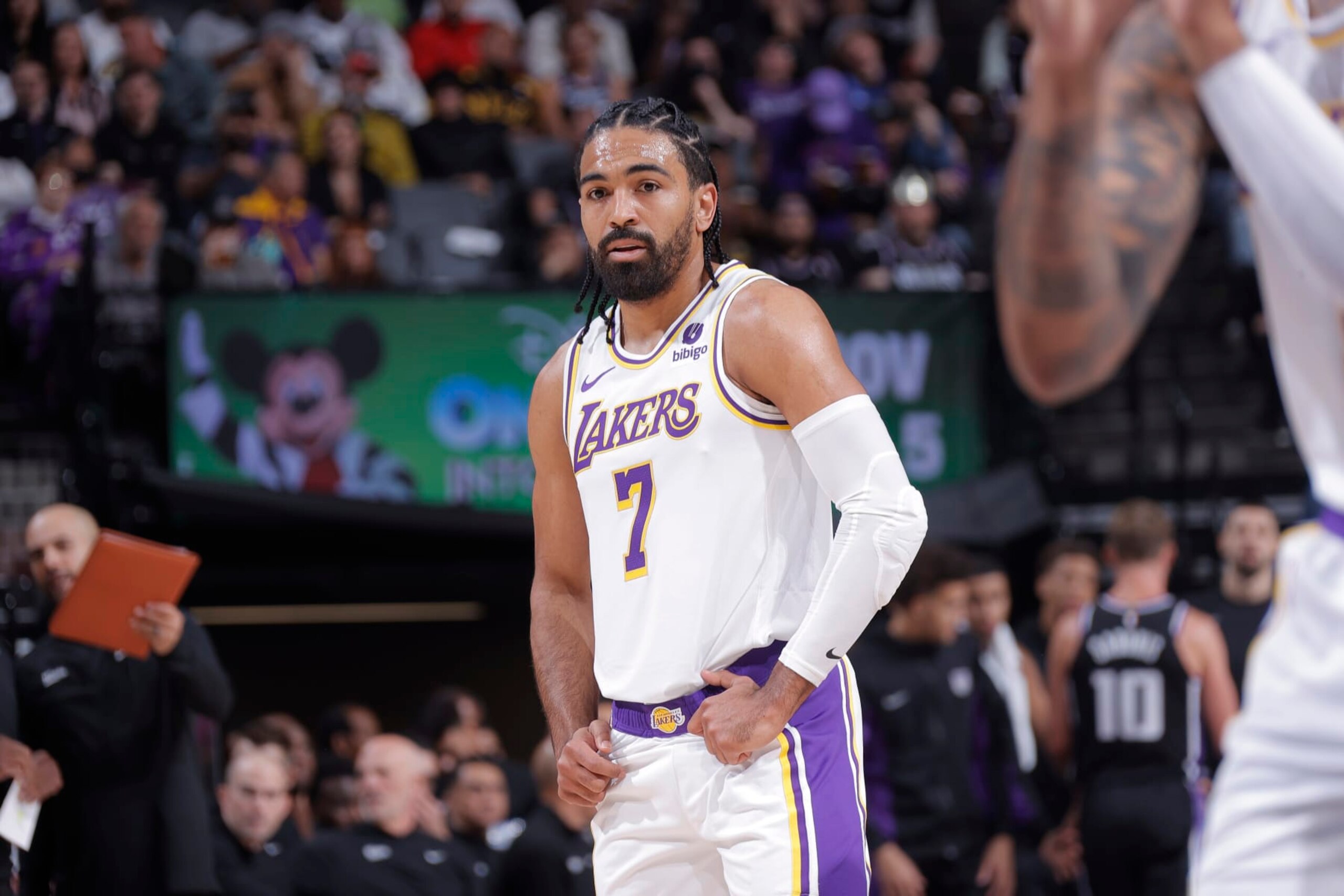 SACRAMENTO, CA - OCTOBER 29: Gabe Vincent #7 of the Los Angeles Lakers looks on during the game against the Sacramento Kings on October 29, 2023 at Golden 1 Center in Sacramento, California. NOTE TO USER: User expressly acknowledges and agrees that, by downloading and or using this photograph, User is consenting to the terms and conditions of the Getty Images Agreement. Mandatory Copyright Notice: Copyright 2023 NBAE (Photo by Rocky Widner/NBAE via Getty Images)