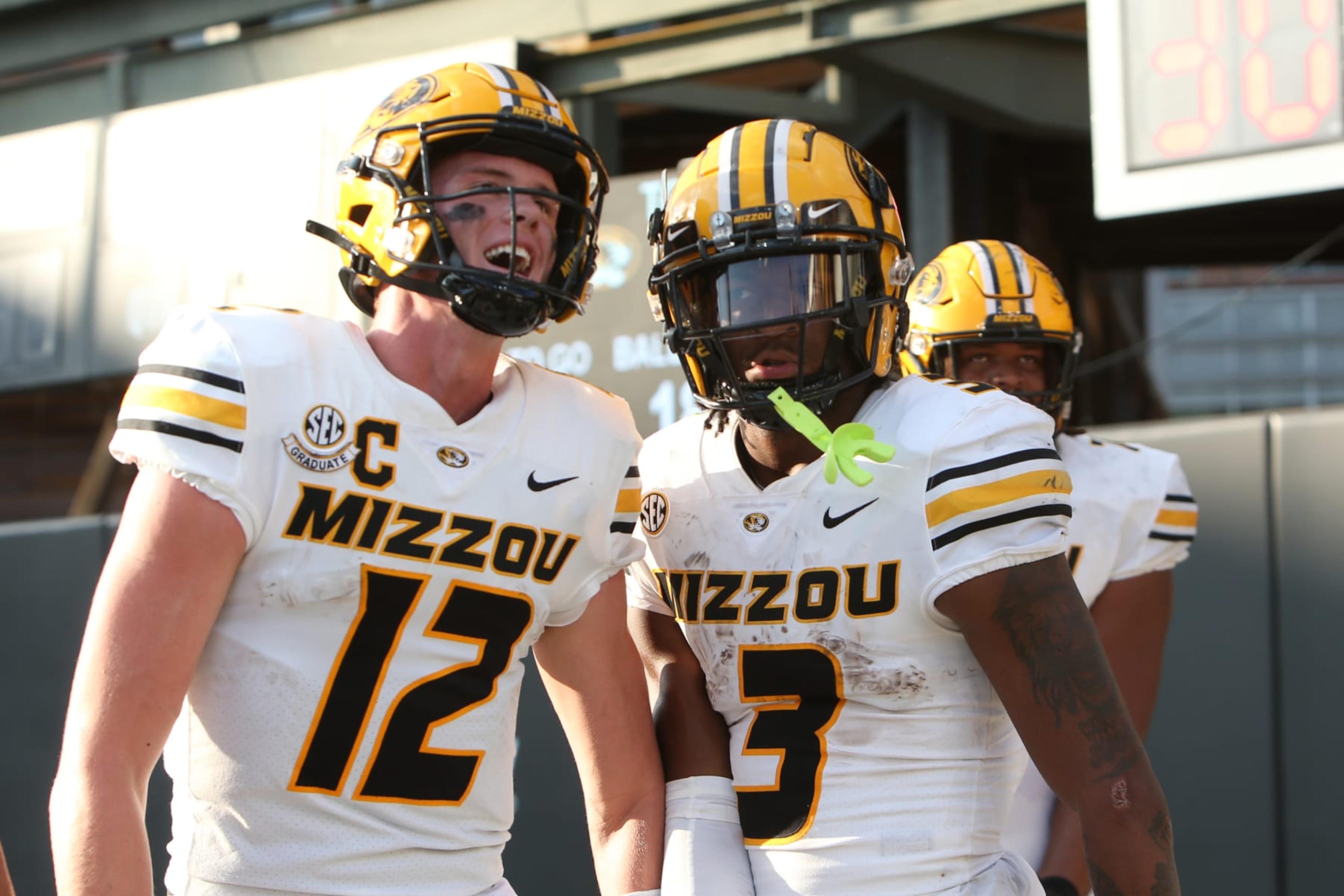 NASHVILLE, TN - SEPTEMBER 30: Missouri Tigers wide receiver Luther Burden III (3) is congratulated by Missouri Tigers quarterback Brady Cook (12) after scoring a touchdown during a game between the Vanderbilt Commodores and Missouri Tigers, September 30, 2023 at FirstBank Stadium in Nashville, Tennessee.(Photo by Matthew Maxey/Icon Sportswire via Getty Images) NASHVILLE, TN - SEPTEMBER 30: Missouri Tigers wide receiver Luther Burden III (3) is congratulated by Missouri Tigers quarterback Brady Cook (12) after scoring a touchdown during a game between the Vanderbilt Commodores and Missouri Tigers, September 30, 2023 at FirstBank Stadium in Nashville, Tennessee.(Photo by Matthew Maxey/Icon Sportswire via Getty Images)