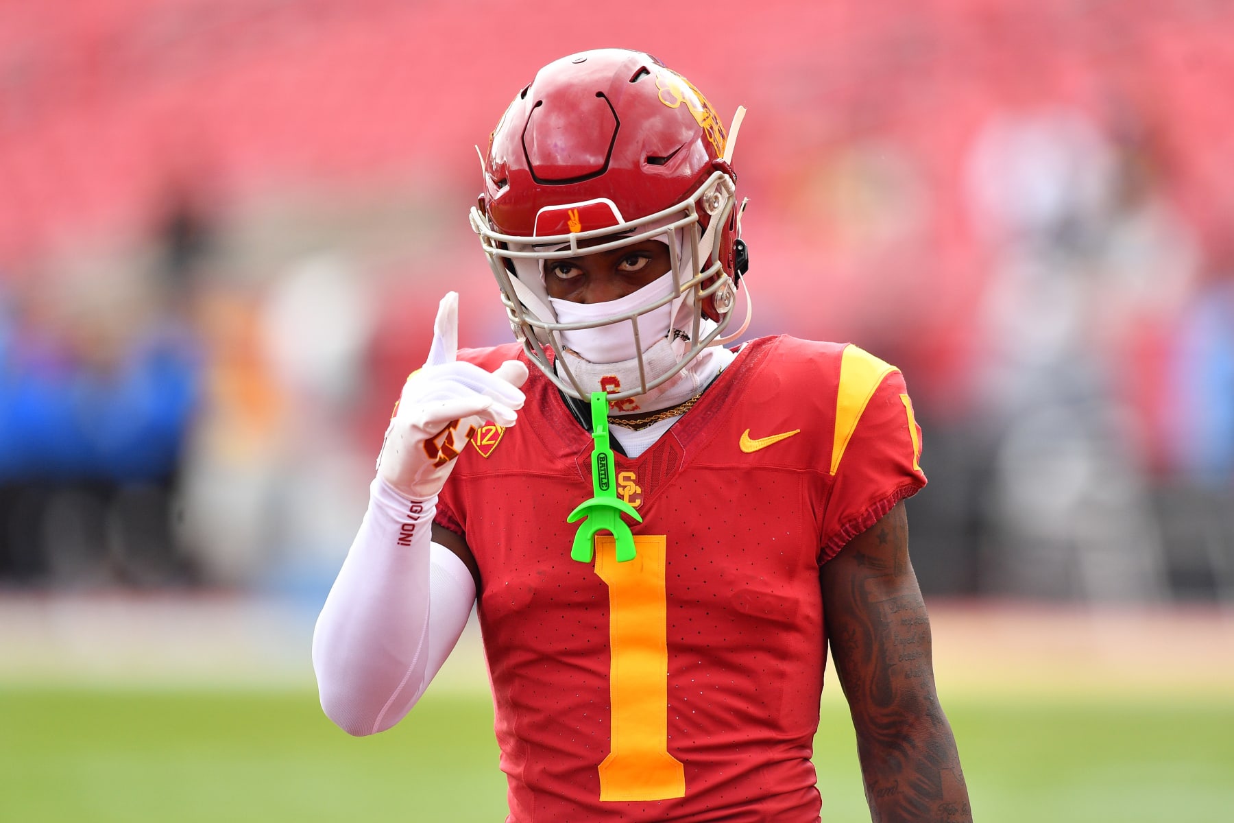 LOS ANGELES, CA - NOVEMBER 18: USC Trojans wide receiver Zachariah Branch (1) looks on before a college football game between the UCLA Bruins and the USC Trojans on November 18, 2023, at Los Angeles Memorial Coliseum in Los Angeles, CA. (Photo by Brian Rothmuller/Icon Sportswire via Getty Images)