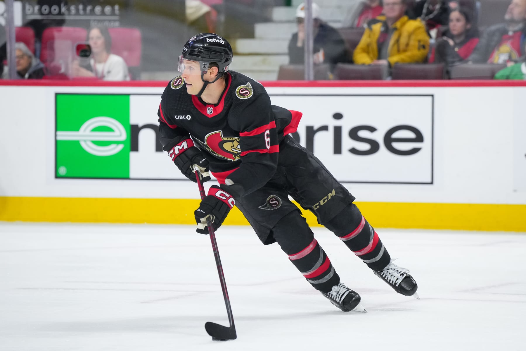 OTTAWA, CANADA - FEBRUARY 22: Jakob Chychrun #6 of the Ottawa Senators skates against the Dallas Stars at Canadian Tire Centre on February 22, 2024 in Ottawa, Ontario, Canada. (Photo by Chris Tanouye/Freestyle Photography/Getty Images)