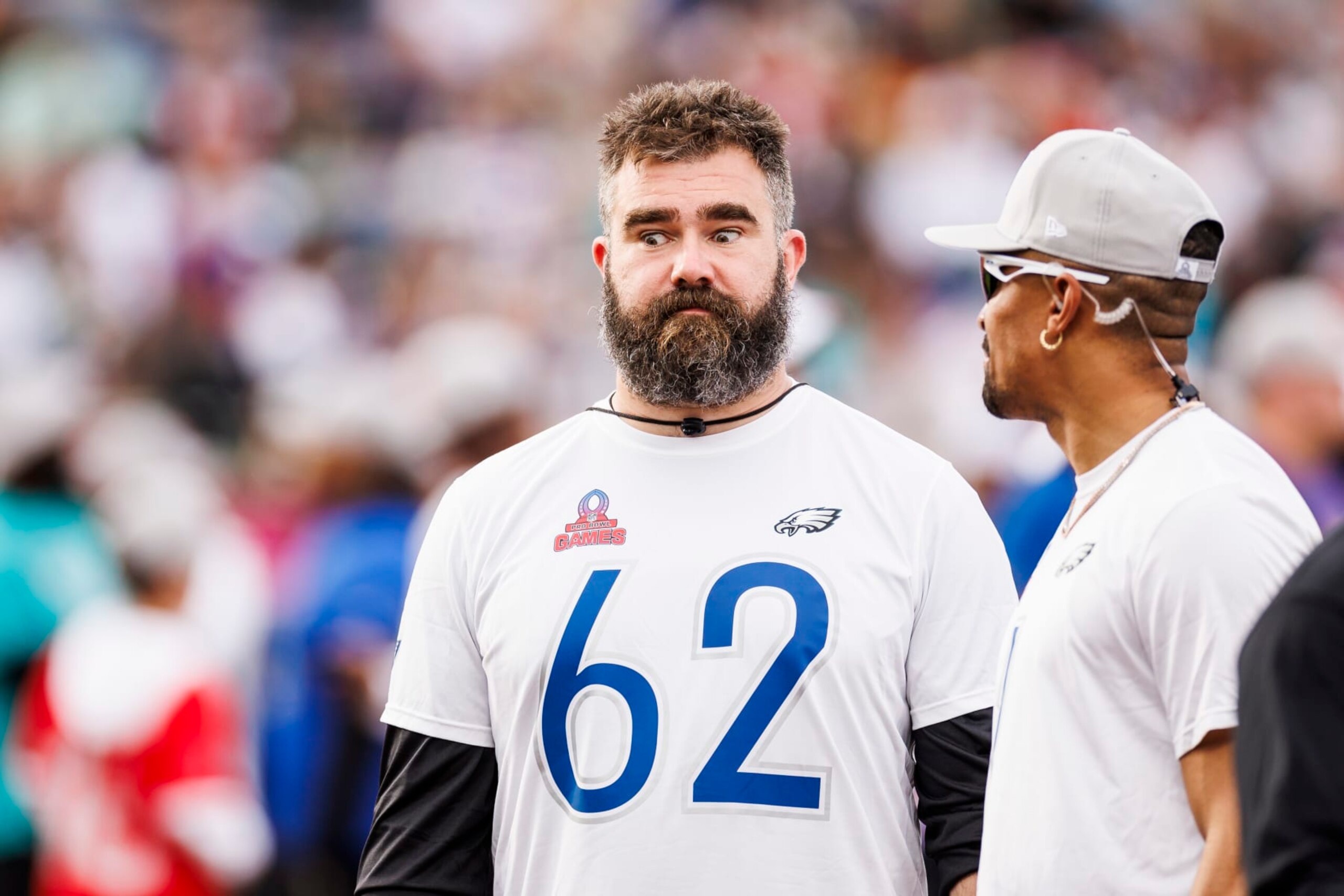ORLANDO, FLORIDA - FEBRUARY 04: Jason Kelce #62 (L) and Jalen Hurts #1 of the Philadelphia Eagles and NFC talk during the 2024 NFL Pro Bowl at Camping World Stadium on February 04, 2024 in Orlando, Florida. (Photo by James Gilbert/Getty Images) ORLANDO, FLORIDA - FEBRUARY 04: Jason Kelce #62 (L) and Jalen Hurts #1 of the Philadelphia Eagles and NFC talk during the 2024 NFL Pro Bowl at Camping World Stadium on February 04, 2024 in Orlando, Florida. (Photo by James Gilbert/Getty Images)