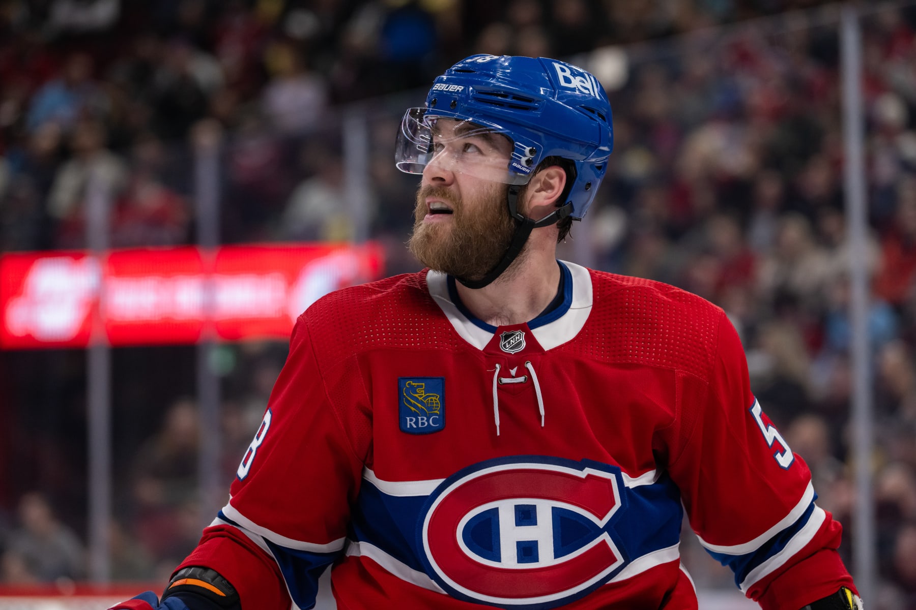 MONTREAL, QC - FEBRUARY 27: David Savard (58) of the Montreal Canadiens looks on during the Second period of the NHL game between the Arizona Coyotes and the Montreal Canadiens on February 27, 2024, at the Bell Centre in Montreal, QC(Photo by Vincent Ethier/Icon Sportswire via Getty Images)