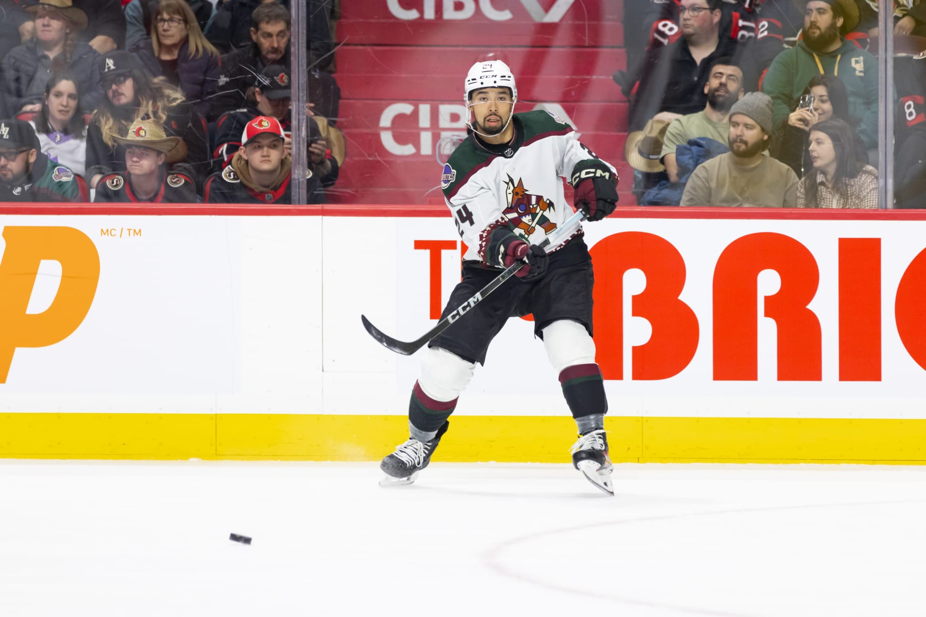 OTTAWA, ON - MARCH 01: Arizona Coyotes Defenceman Matt Dumba (24) passes the puck during first period National Hockey League action between the Arizona Coyotes and Ottawa Senators on March 1, 2024, at Canadian Tire Centre in Ottawa, ON, Canada. (Photo by Richard A. Whittaker/Icon Sportswire via Getty Images)