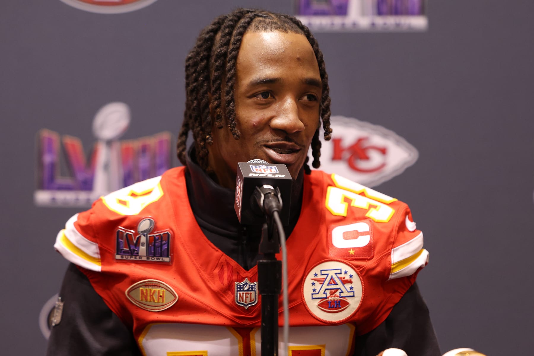 HENDERSON, NEVADA - FEBRUARY 07: L'Jarius Sneed #38 of the Kansas City Chiefs speaks to the media during Kansas City Chiefs media availability ahead of Super Bowl LVIII at Westin Lake Las Vegas Resort and Spa on February 07, 2024 in Henderson, Nevada. (Photo by Jamie Squire/Getty Images)