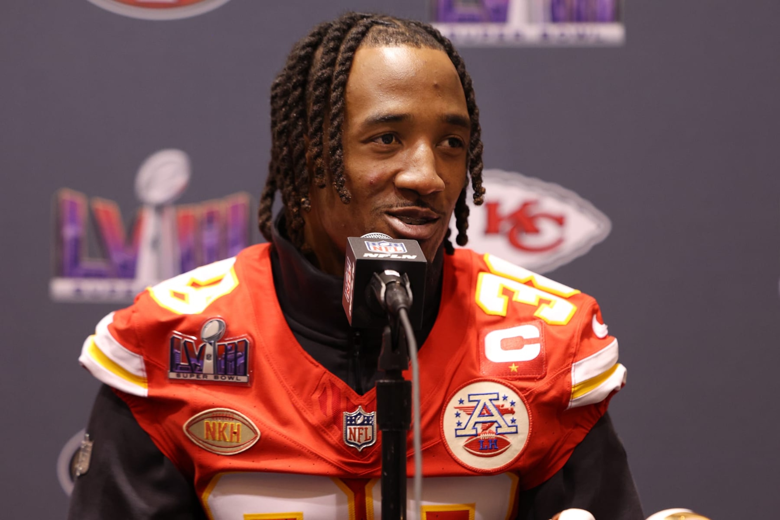 HENDERSON, NEVADA - FEBRUARY 07: L'Jarius Sneed #38 of the Kansas City Chiefs speaks to the media during Kansas City Chiefs media availability ahead of Super Bowl LVIII at Westin Lake Las Vegas Resort and Spa on February 07, 2024 in Henderson, Nevada. (Photo by Jamie Squire/Getty Images)