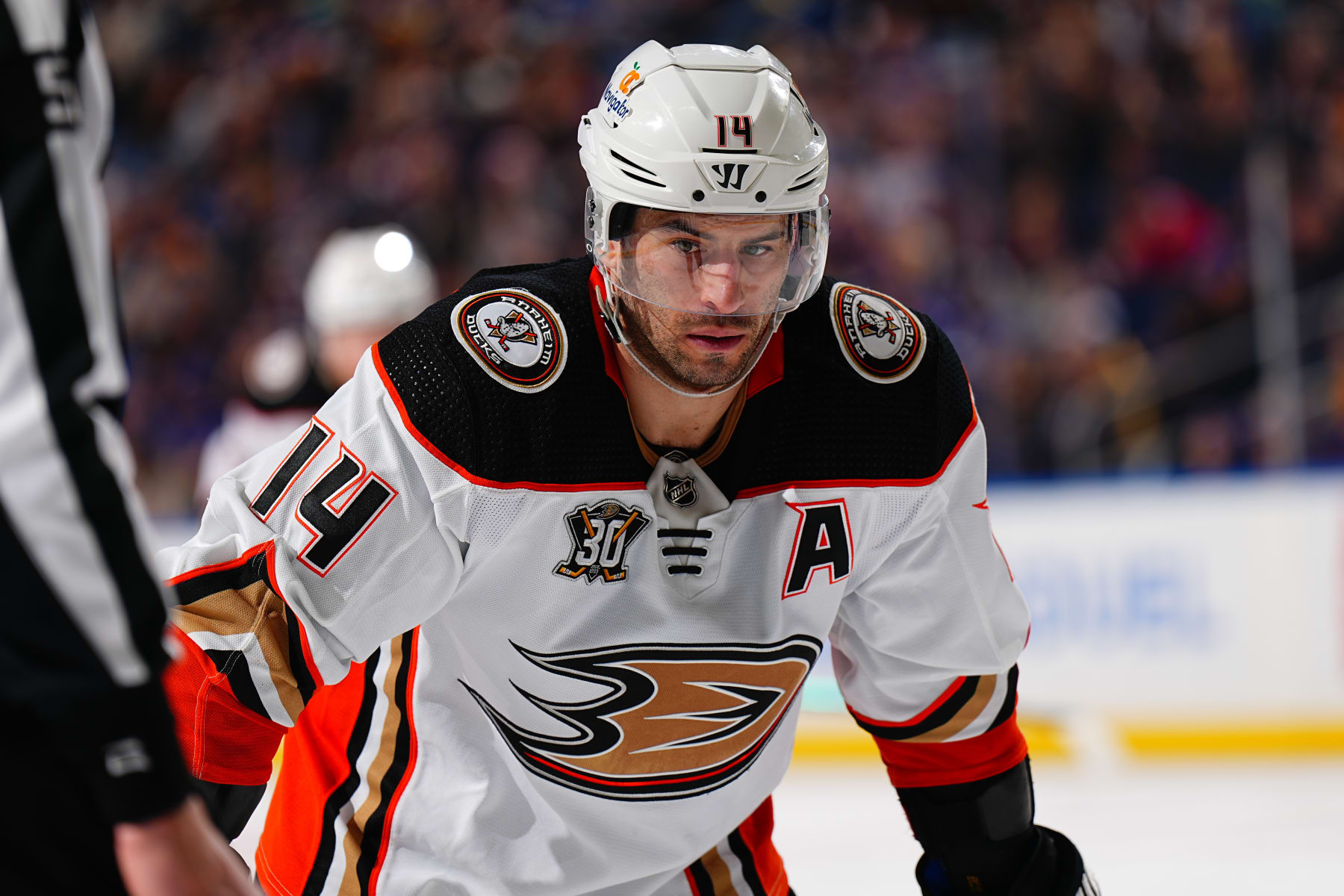 BUFFALO, NEW YORK - FEBRUARY 19: Adam Henrique #14 of the Anaheim Ducks looks on during the third period against the Buffalo Sabres during an NHL game on February 19, 2024 at KeyBank Center in Buffalo, New York. (Photo by Ben Ludeman/NHLI via Getty Images)