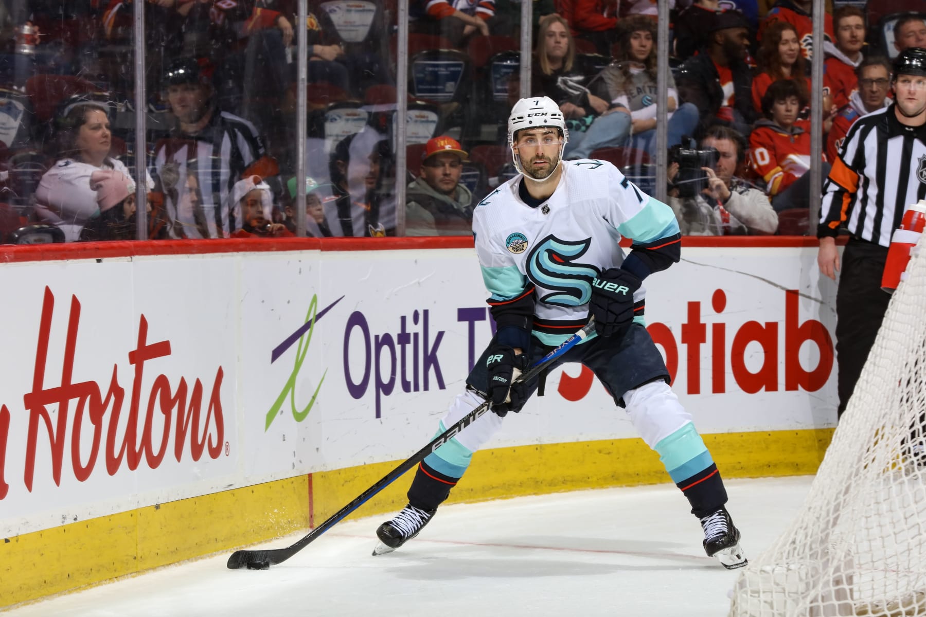 CALGARY, AB - MARCH 4: Jordan Eberle #7 of the Seattle Kraken skates against the Calgary Flames at Scotiabank Saddledome on March 4, 2024 in Calgary, Alberta, Canada. (Photo by Gerry Thomas/NHLI via Getty Images)