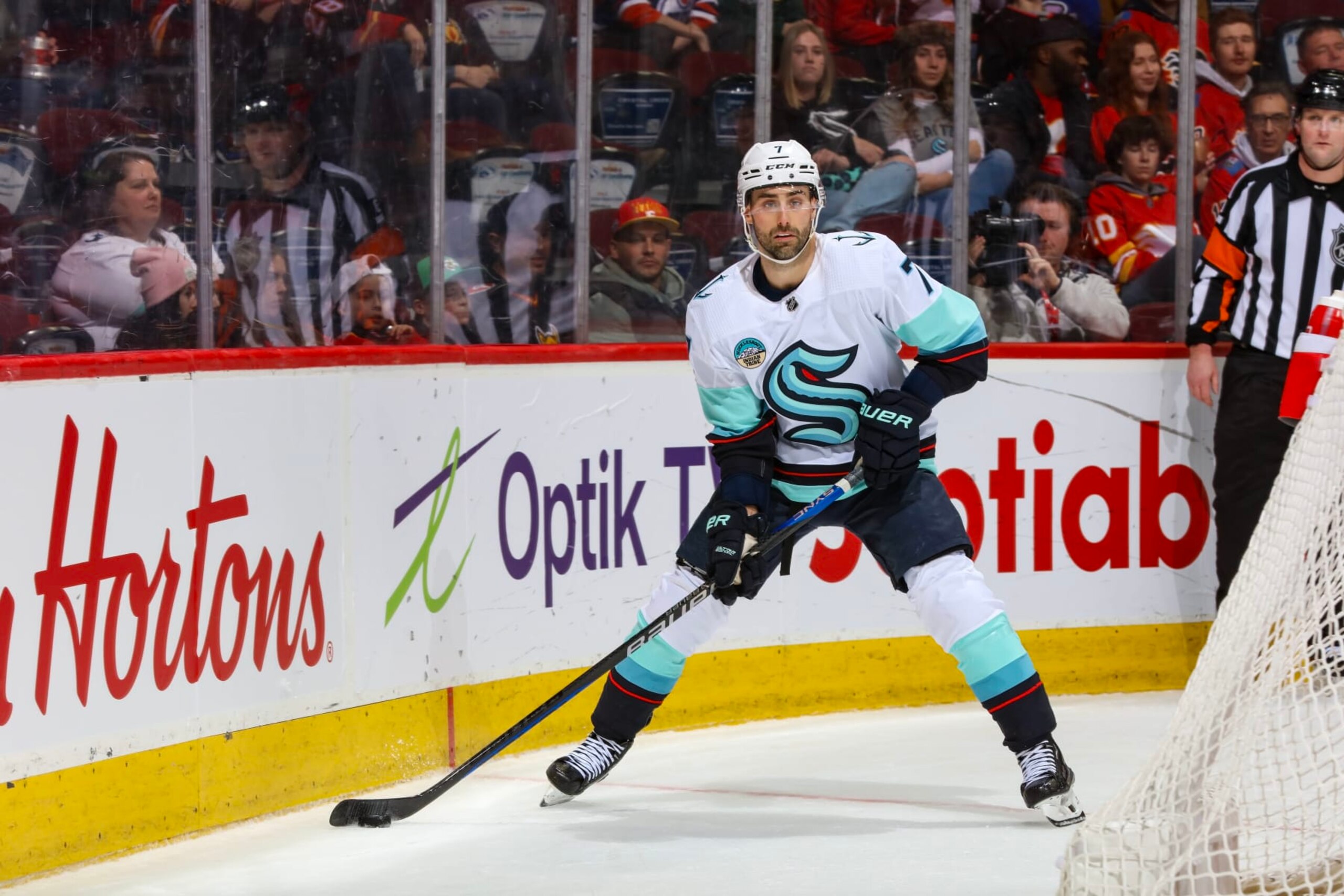 CALGARY, AB - MARCH 4: Jordan Eberle #7 of the Seattle Kraken skates against the Calgary Flames at Scotiabank Saddledome on March 4, 2024 in Calgary, Alberta, Canada. (Photo by Gerry Thomas/NHLI via Getty Images)