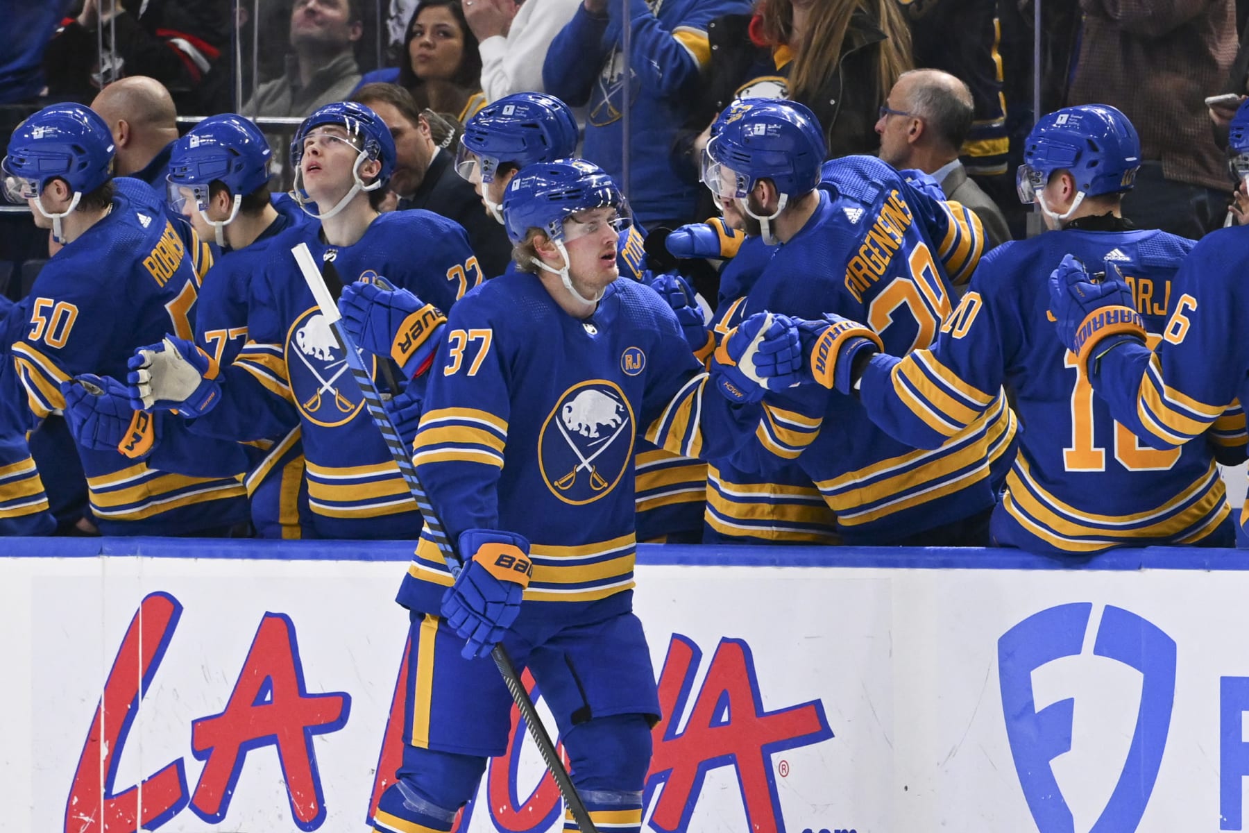 BUFFALO, NEW YORK - JANUARY 15: Casey Mittelstadt #37 of the Buffalo Sabres celebrates his second period goal with teammates on the bench during an NHL game against the San Jose Sharks on January 15, 2024 at KeyBank Center in Buffalo, New York. (Photo by Joe Hrycych/NHLI via Getty Images)