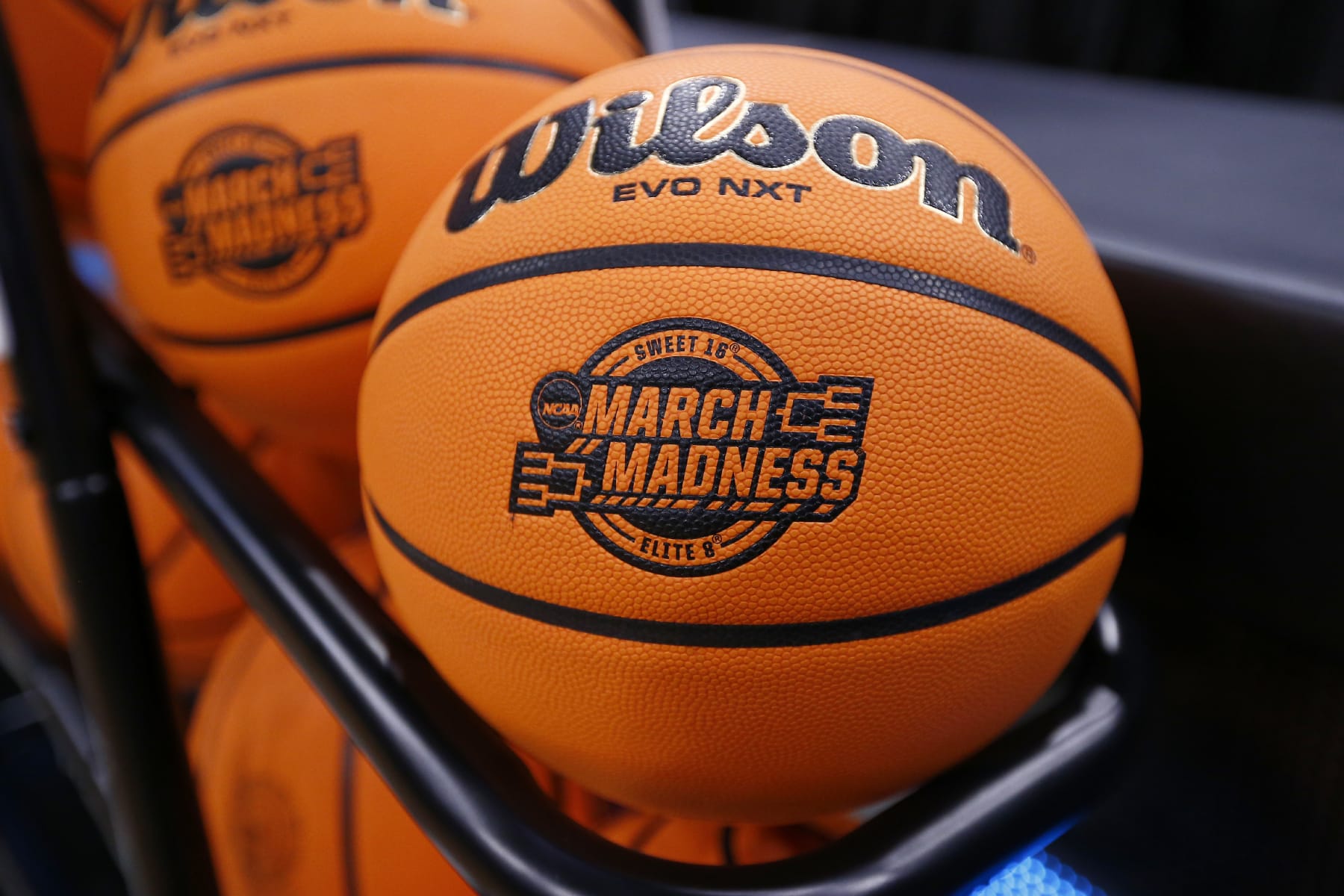 LOUISVILLE, KY - MARCH 26: The March Madness Logo on display on the Wilson NVO NXT game ball during the Creighton Bluejays versus the San Diego State Aztecs in the Elite 8 Round of the NCAA Men's Division I Basketball Championship South Regional on March 26, 2023, at KFC Yum! Center in Louisville, KY.(Photo by Jeffrey Brown/Icon Sportswire via Getty Images)