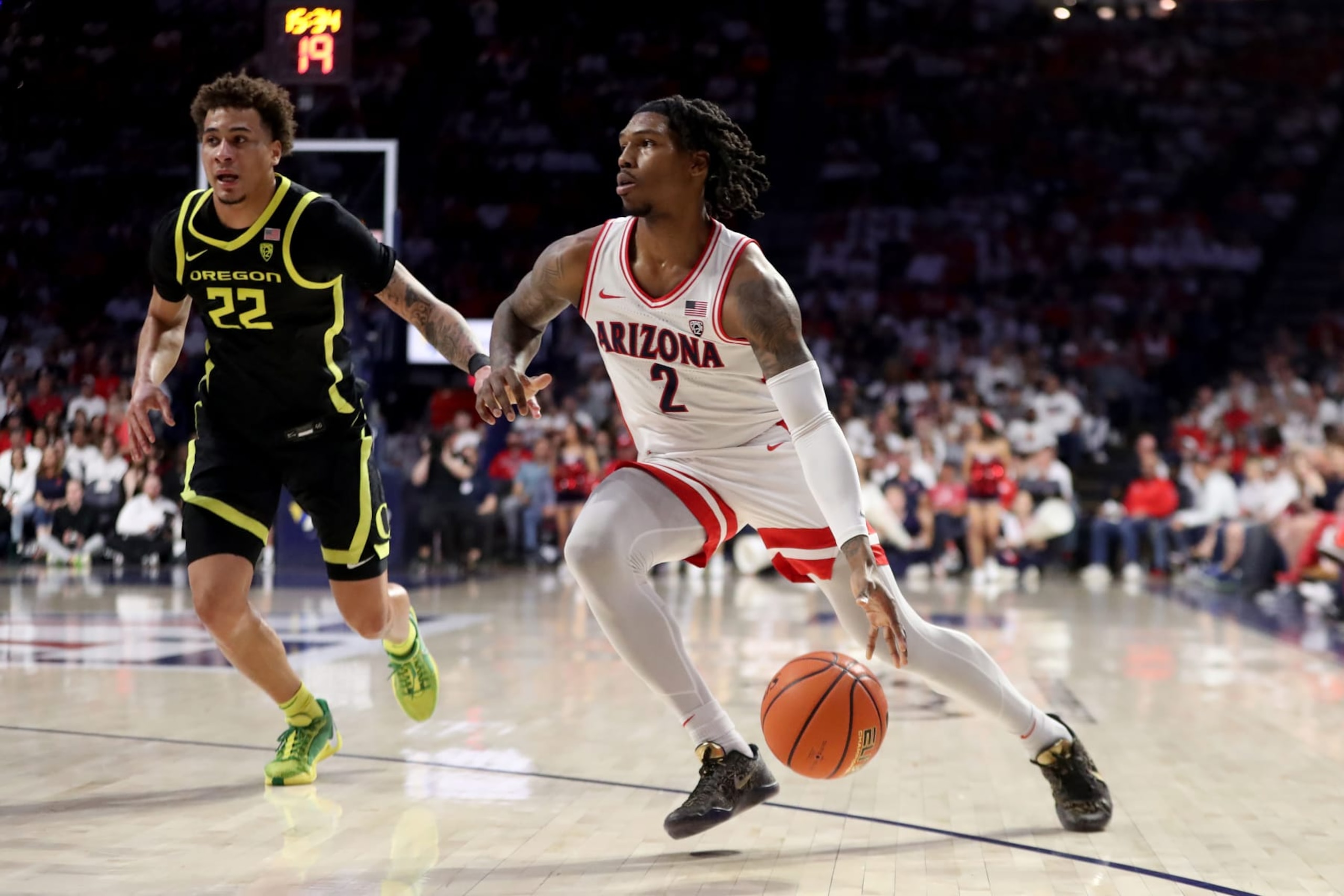 TUCSON, AZ - MARCH 02: Arizona Wildcats guard Caleb Love #2 during the first half of a men's basketball game between the Oregon Ducks and the University of Arizona Wildcats on March 2, 2024 at McKale Center in Tucson, AZ. (Photo by Christopher Hook/Icon Sportswire via Getty Images)