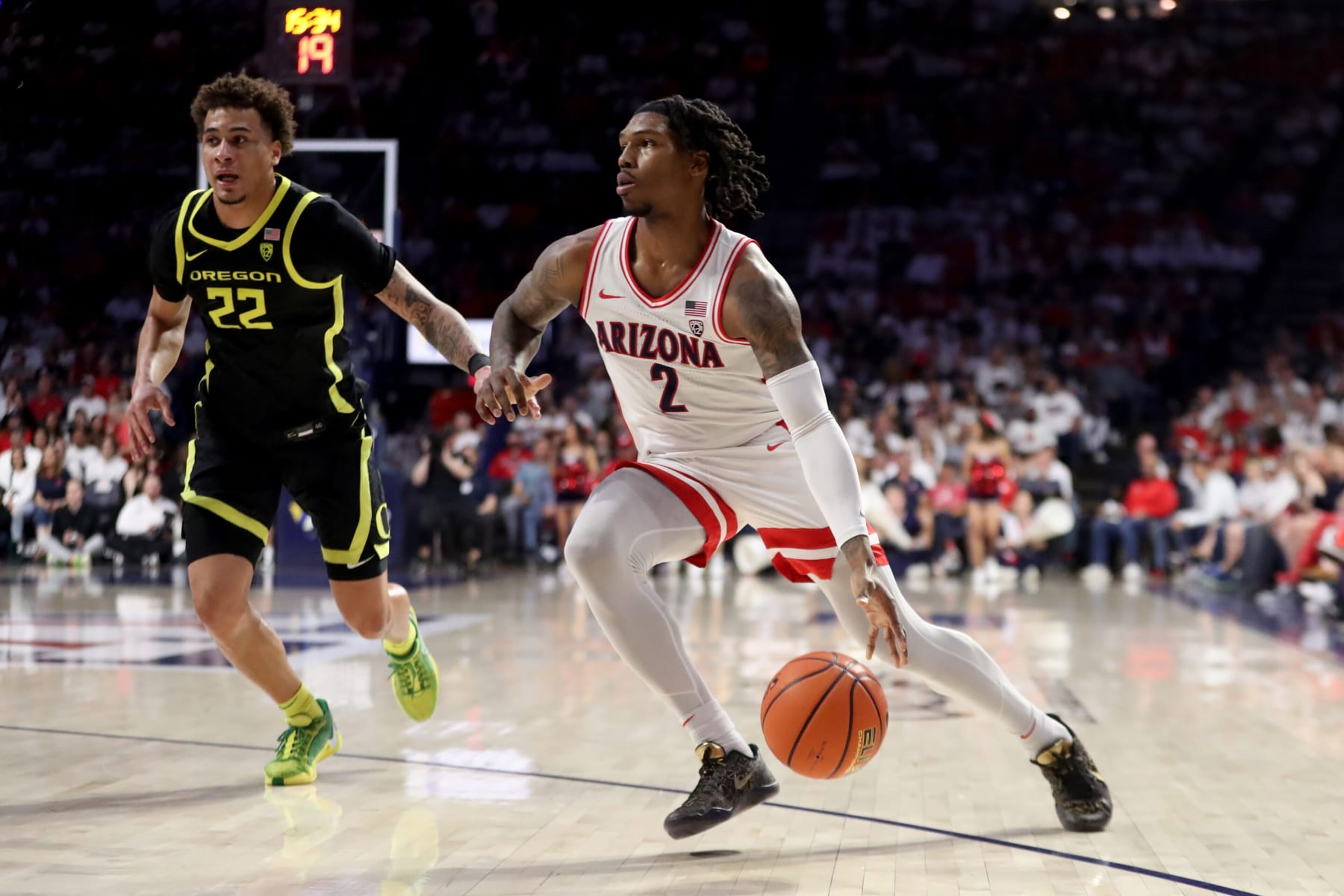 TUCSON, AZ - MARCH 02: Arizona Wildcats guard Caleb Love #2 during the first half of a men's basketball game between the Oregon Ducks and the University of Arizona Wildcats on March 2, 2024 at McKale Center in Tucson, AZ. (Photo by Christopher Hook/Icon Sportswire via Getty Images)