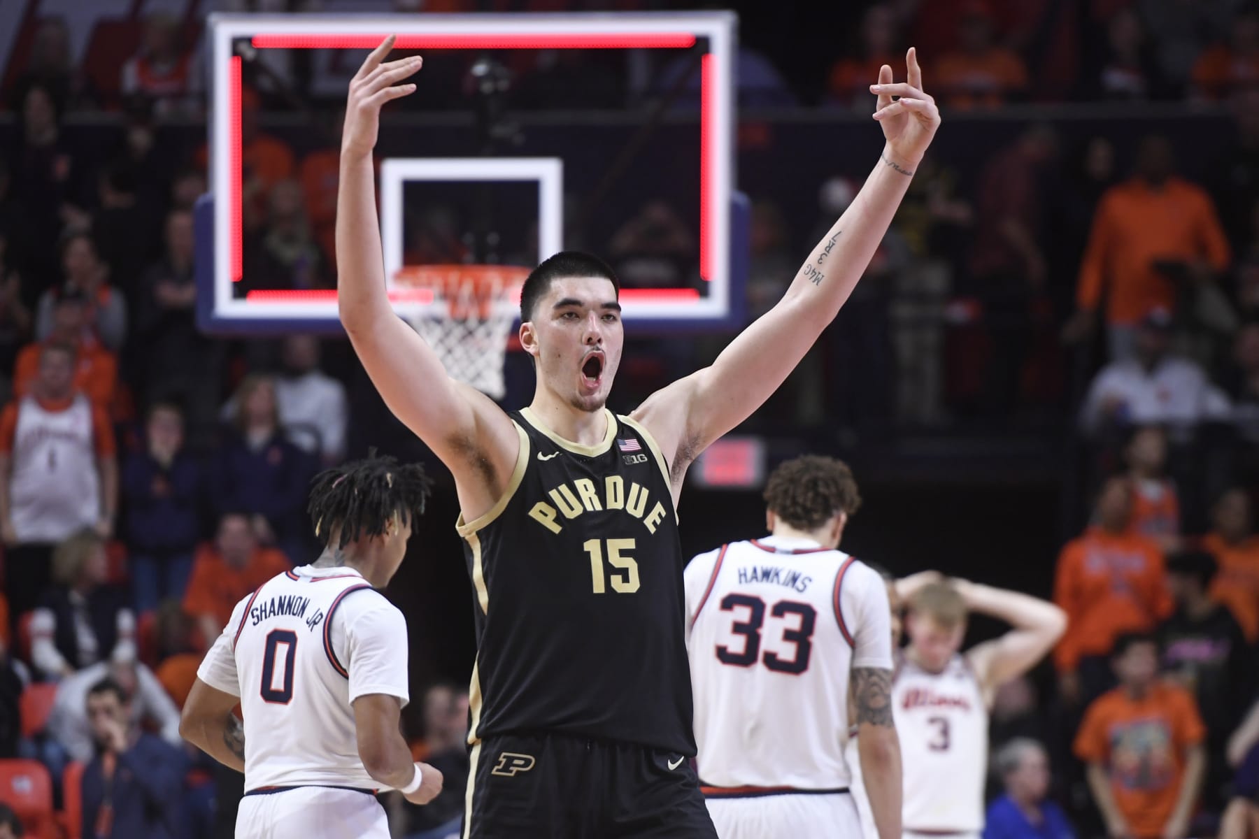 CHAMPAIGN, IL - MARCH 05: Purdue Boilermakers Center Zach Edey (15) reacts as time expires in the college basketball game between the Purdue Boilermakers and the Illinois Fighting Illini on March 5, 2024, at the State Farm Center in Champaign, Illinois. (Photo by Michael Allio/Icon Sportswire via Getty Images)