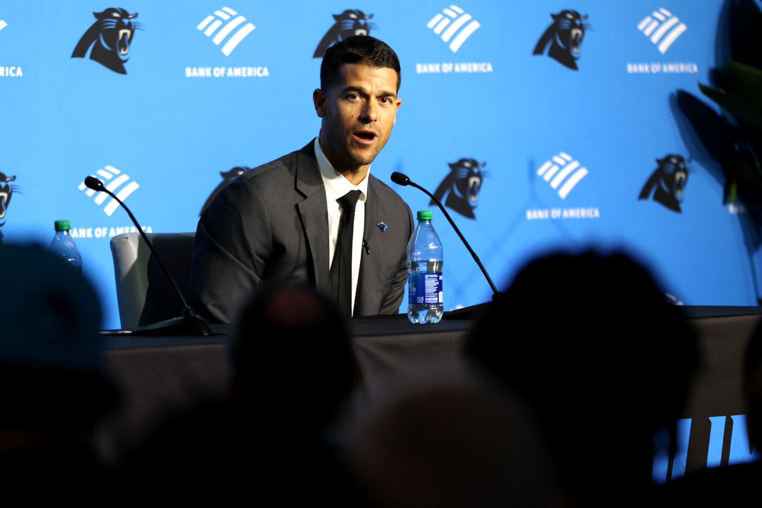 CHARLOTTE, NORTH CAROLINA - FEBRUARY 01: Carolina Panthers Head Coach Dave Canales speaks with the media as the Carolina Panthers introduce Canales as their new Head Coach at Bank of America Stadium on February 01, 2024 in Charlotte, North Carolina. (Photo by David Jensen/Getty Images)