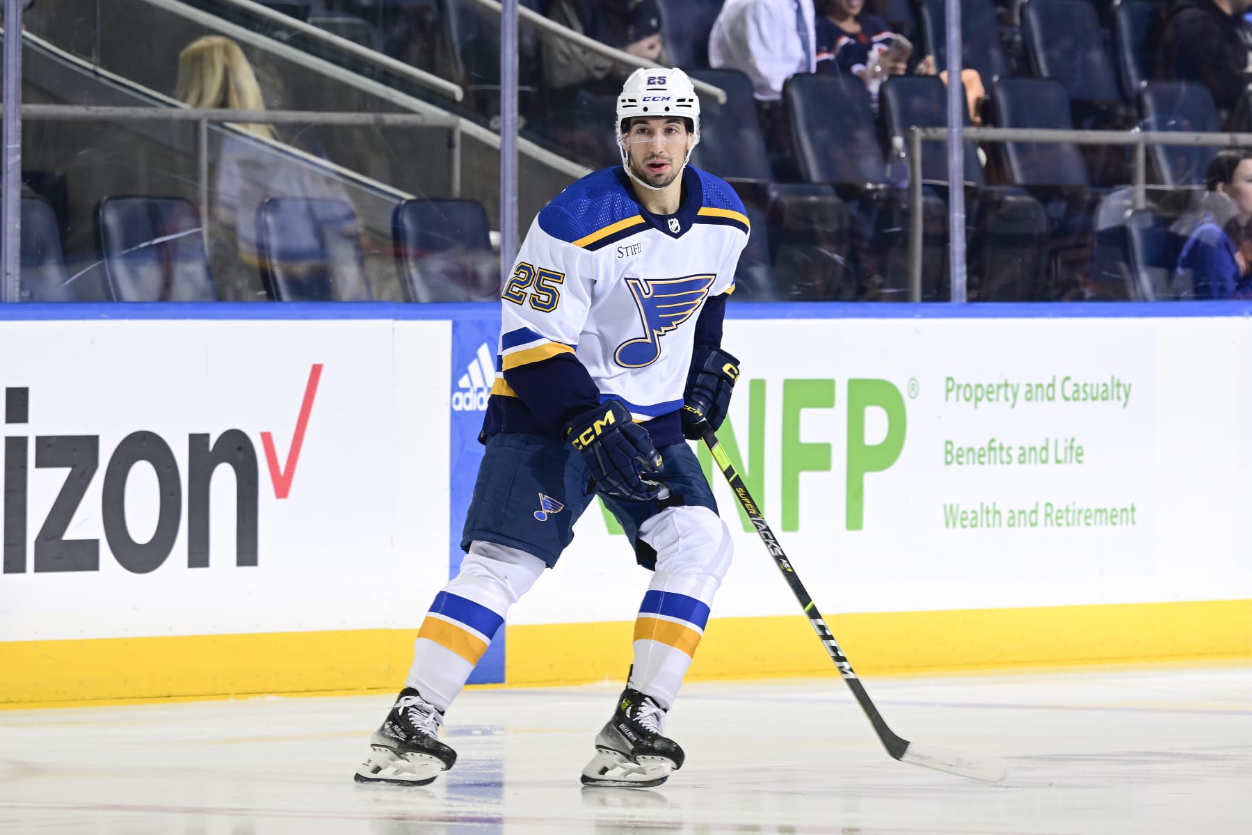 ELMONT, NEW YORK - MARCH 05:  Jordan Kyrou #25 of the St. Louis Blues skates against the New York Islanders during the game at UBS Arena on March 05, 2024 in Elmont, New York. (Photo by Steven Ryan/NHLI via Getty Images)