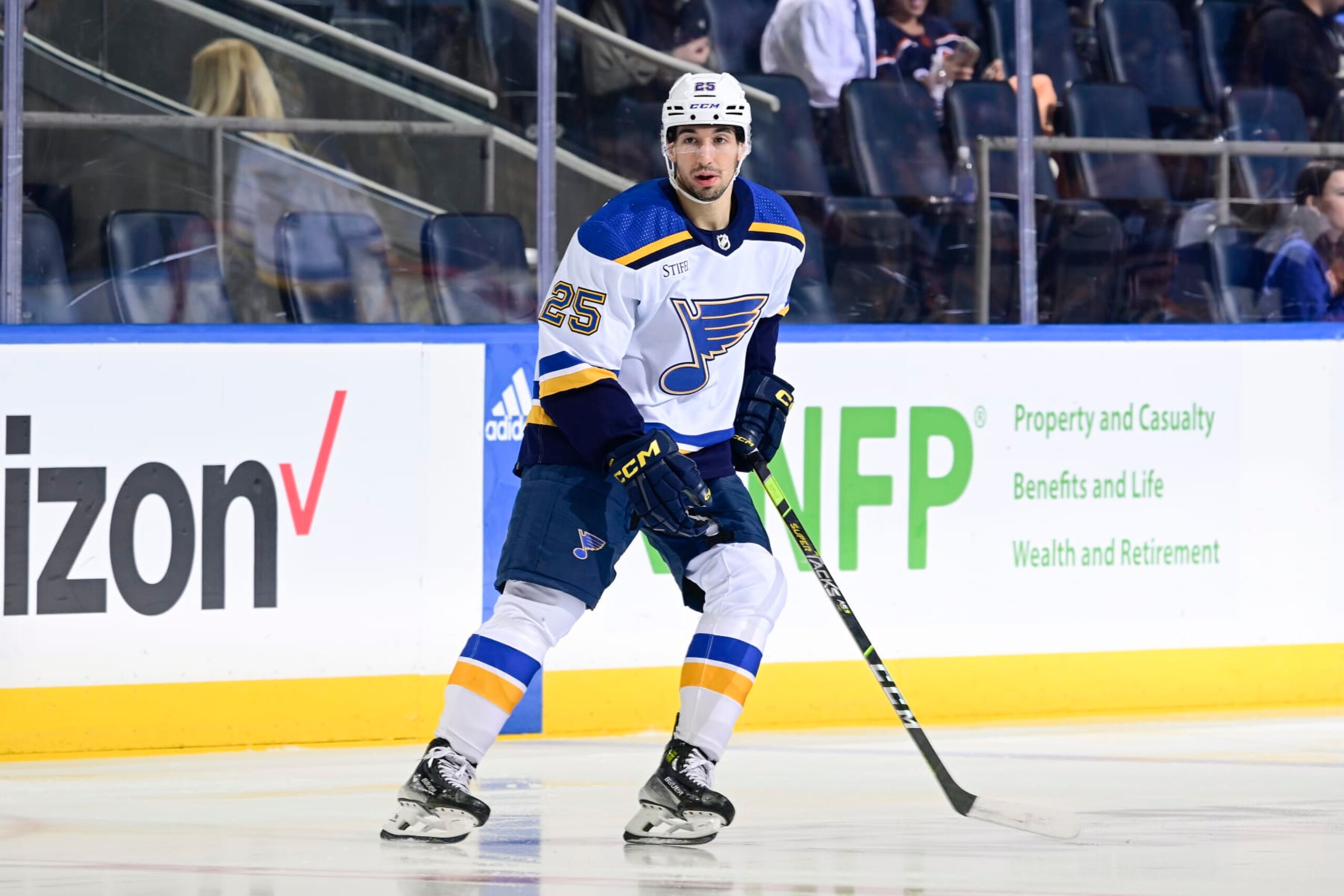 ELMONT, NEW YORK - MARCH 05:  Jordan Kyrou #25 of the St. Louis Blues skates against the New York Islanders during the game at UBS Arena on March 05, 2024 in Elmont, New York. (Photo by Steven Ryan/NHLI via Getty Images)