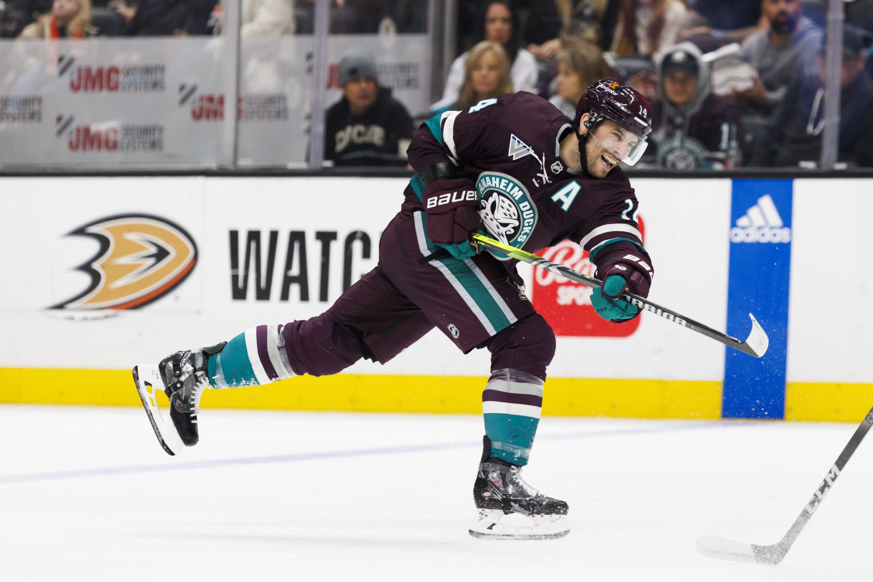 ANAHEIM, CA - DECEMBER 31: Anaheim Ducks center Adam Henrique (14) shoots during an NHL hockey game against the Edmonton Oilers on December 31, 2023 at Honda Center in Anaheim, CA. (Photo by Ric Tapia/Icon Sportswire via Getty Images)