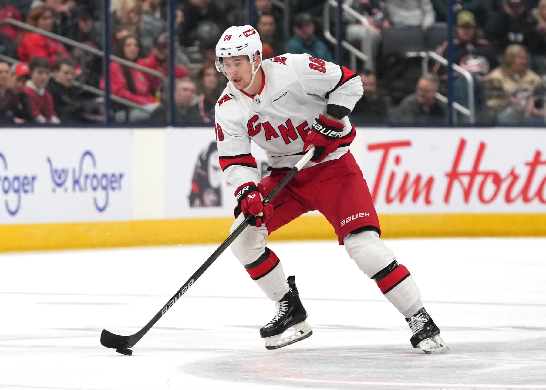 COLUMBUS, OHIO - FEBRUARY 29: Martin Necas #88 of the Carolina Hurricanes skates with the puck during the third period against the Columbus Blue Jackets at Nationwide Arena on February 29, 2024 in Columbus, Ohio. (Photo by Jason Mowry/Getty Images)