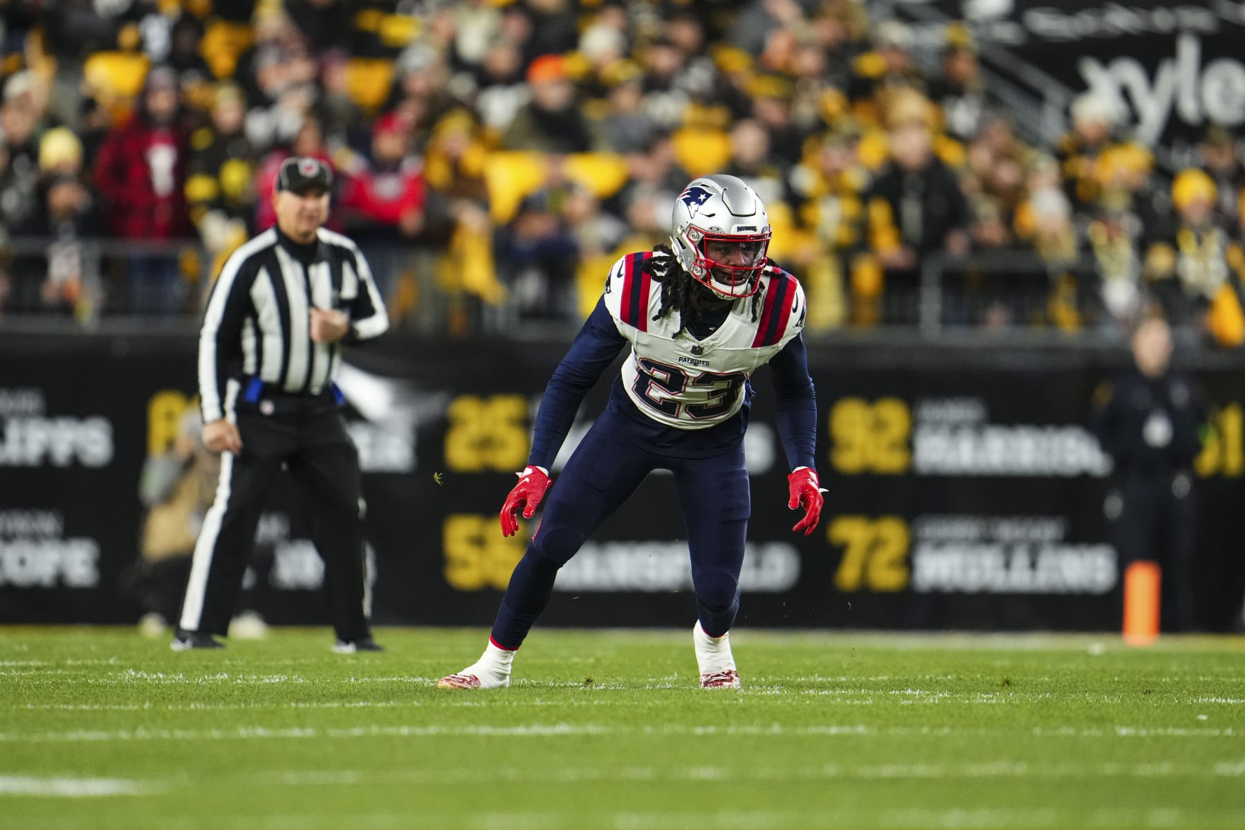 PITTSBURGH, PA - DECEMBER 07: Kyle Dugger #23 of the New England Patriots defends in coverage during an NFL football game against the Pittsburgh Steelers at Acrisure Stadium on December 7, 2023 in Pittsburgh, Pennsylvania. (Photo by Cooper Neill/Getty Images)