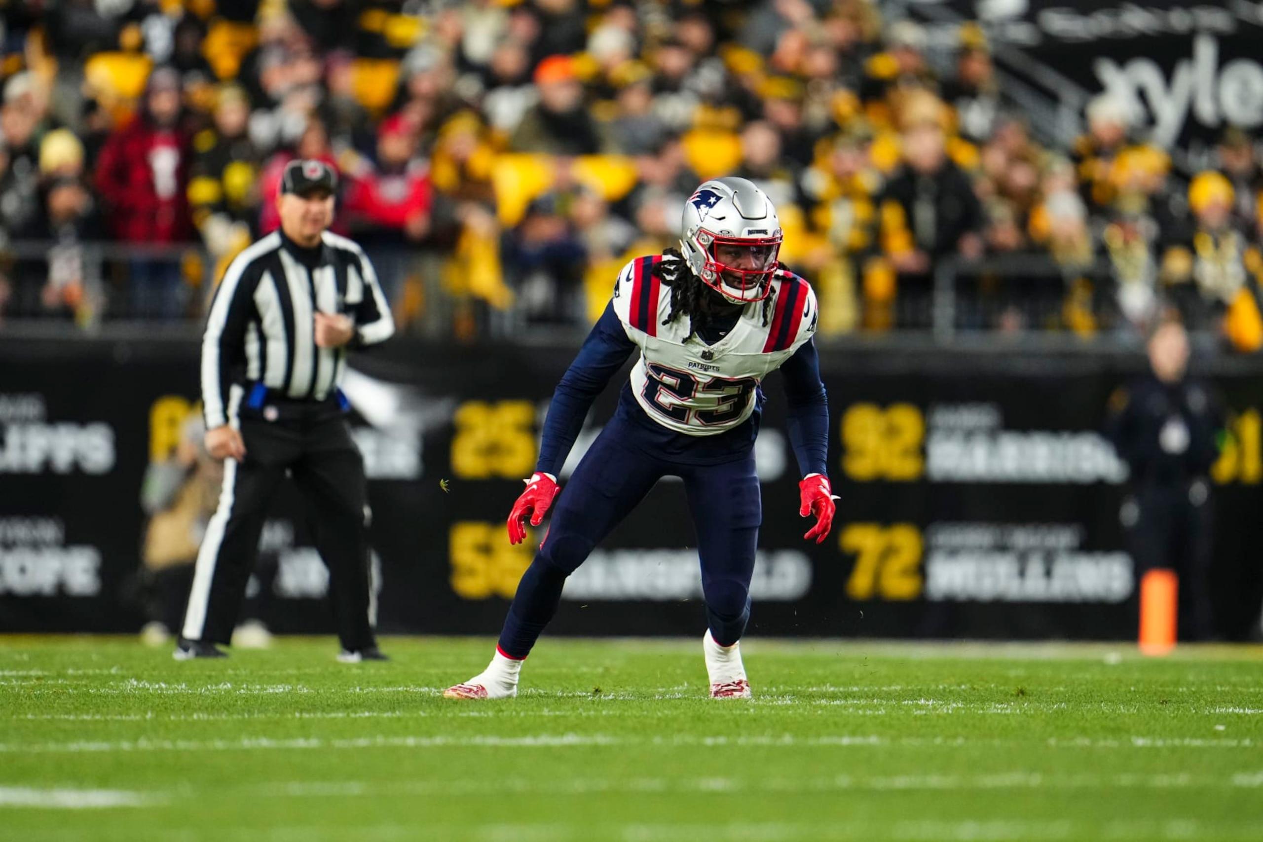 PITTSBURGH, PA - DECEMBER 07: Kyle Dugger #23 of the New England Patriots defends in coverage during an NFL football game against the Pittsburgh Steelers at Acrisure Stadium on December 7, 2023 in Pittsburgh, Pennsylvania. (Photo by Cooper Neill/Getty Images)