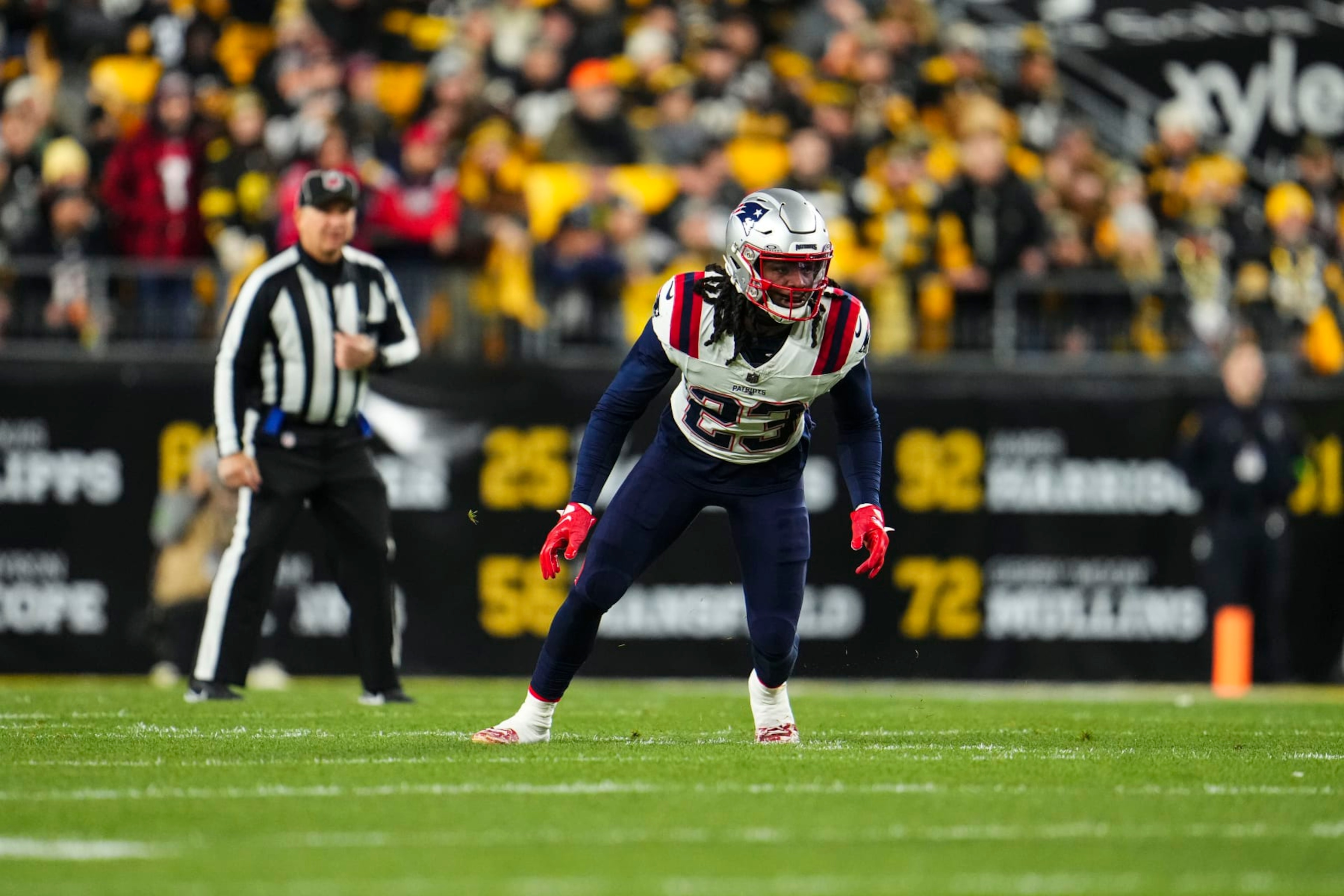 PITTSBURGH, PA - DECEMBER 07: Kyle Dugger #23 of the New England Patriots defends in coverage during an NFL football game against the Pittsburgh Steelers at Acrisure Stadium on December 7, 2023 in Pittsburgh, Pennsylvania. (Photo by Cooper Neill/Getty Images)