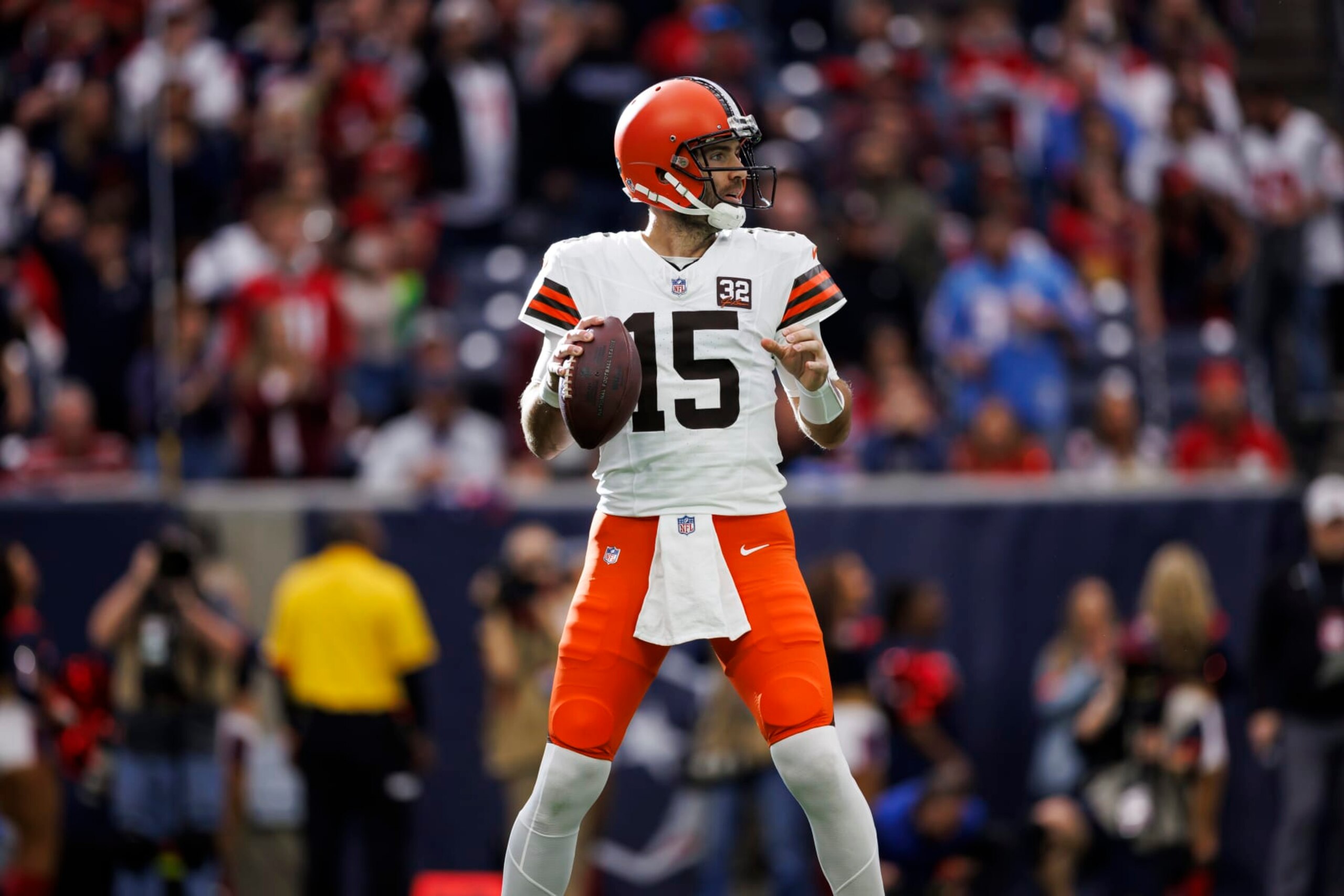 HOUSTON, TEXAS - JANUARY 13: Joe Flacco #15 of the Cleveland Browns drops back and looks to throw a pass during an AFC wild-card playoff football game against the Houston Texans at NRG Stadium on January 13, 2024 in Houston, Texas. (Photo by Ryan Kang/Getty Images)
