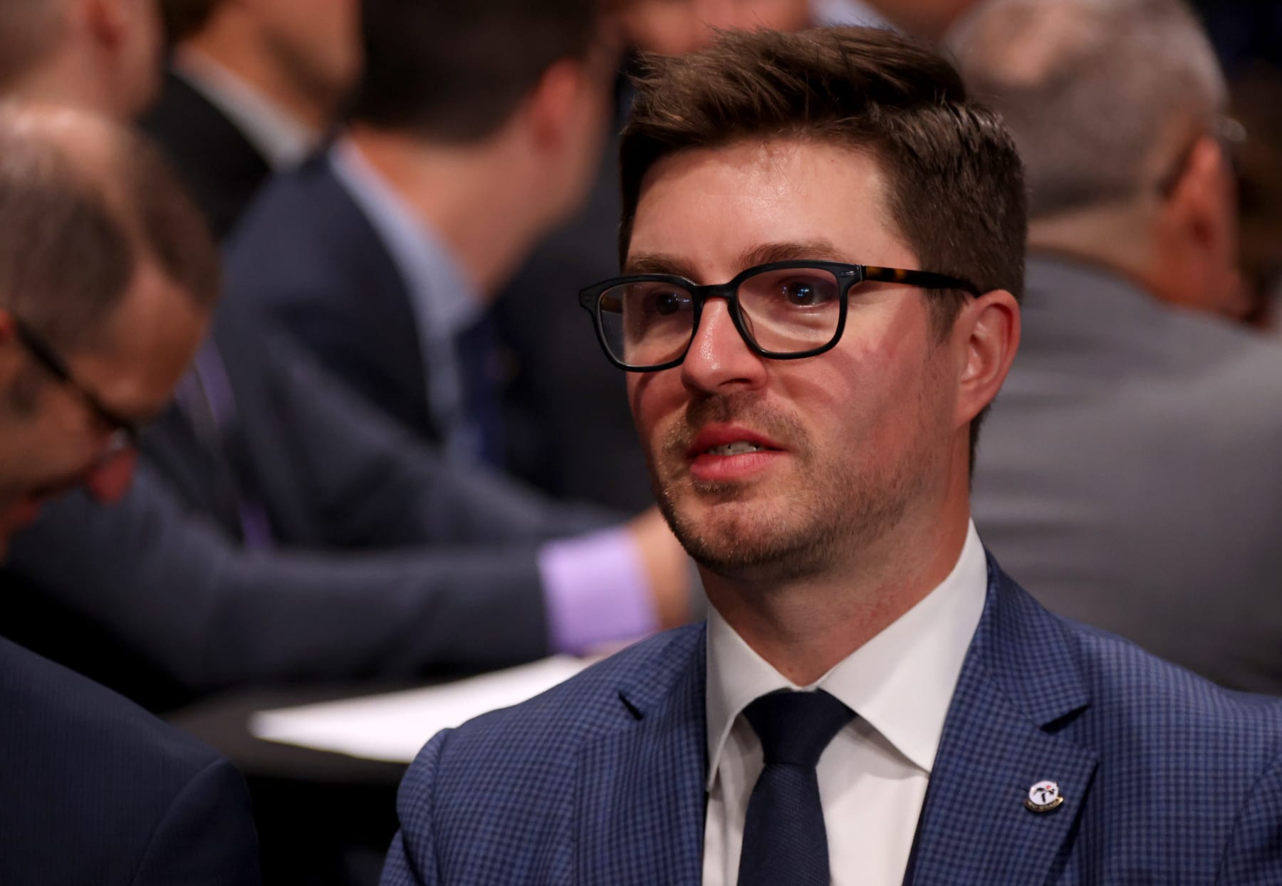 NASHVILLE, TENNESSEE - JUNE 29: Kyle Dubas of the Toronto Maple Leafs looks on during the 2023 Upper Deck NHL Draft - Rounds 2-7 at Bridgestone Arena on June 29, 2023 in Nashville, Tennessee. (Photo by Dave Sandford/NHLI via Getty Images)