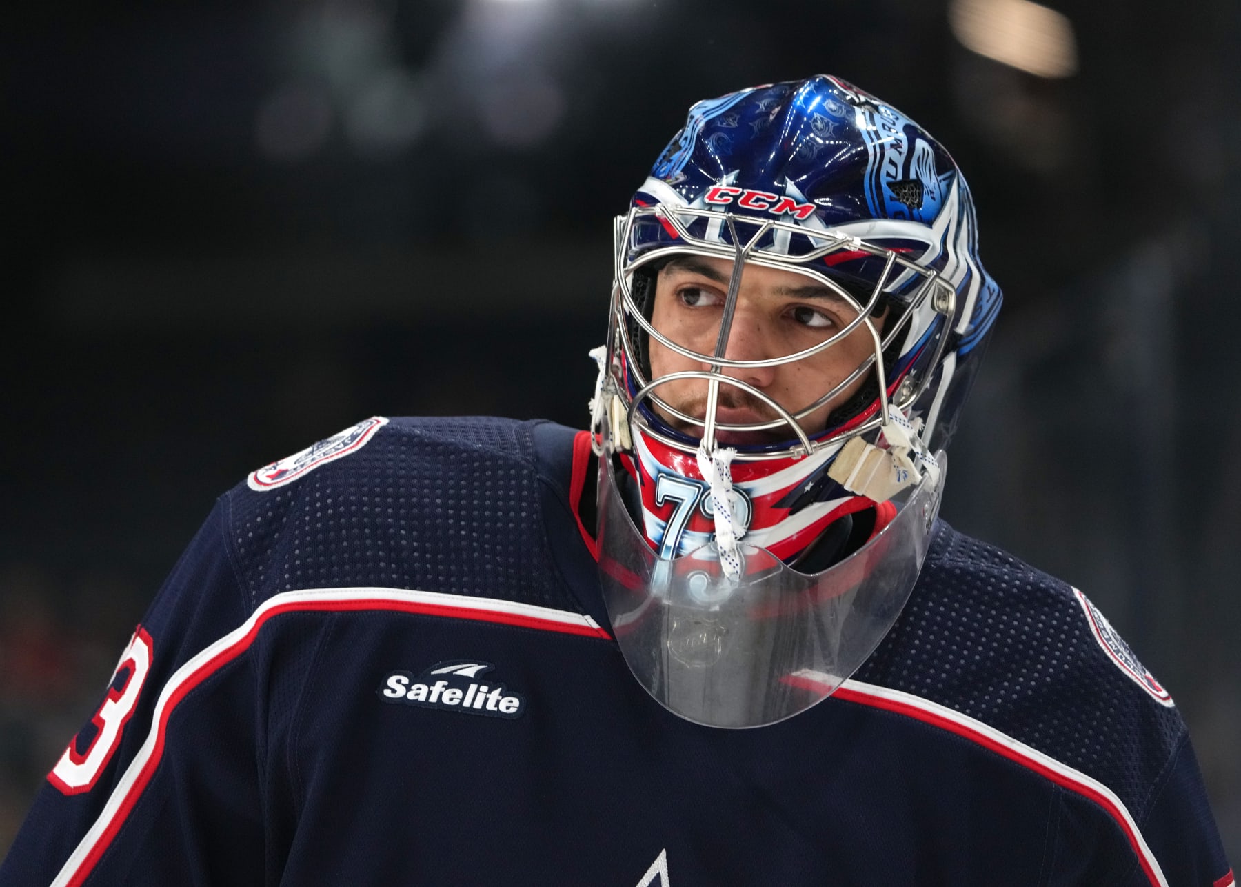 COLUMBUS, OHIO - MARCH 04: Jet Greaves #73 of the Columbus Blue Jackets looks on in warm ups prior to a game against the Vegas Golden Knights at Nationwide Arena on March 04, 2024 in Columbus, Ohio. (Photo by Jason Mowry/Getty Images)
