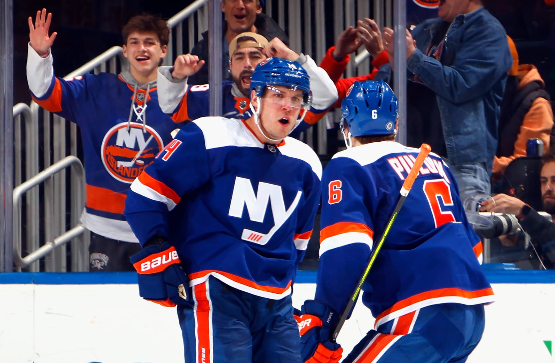 ELMONT, NEW YORK - MARCH 05: Bo Horvat #14 of the New York Islanders celebrates his third period goal against the St. Louis Blues at UBS Arena on March 05, 2024 in Elmont, New York. (Photo by Bruce Bennett/Getty Images)