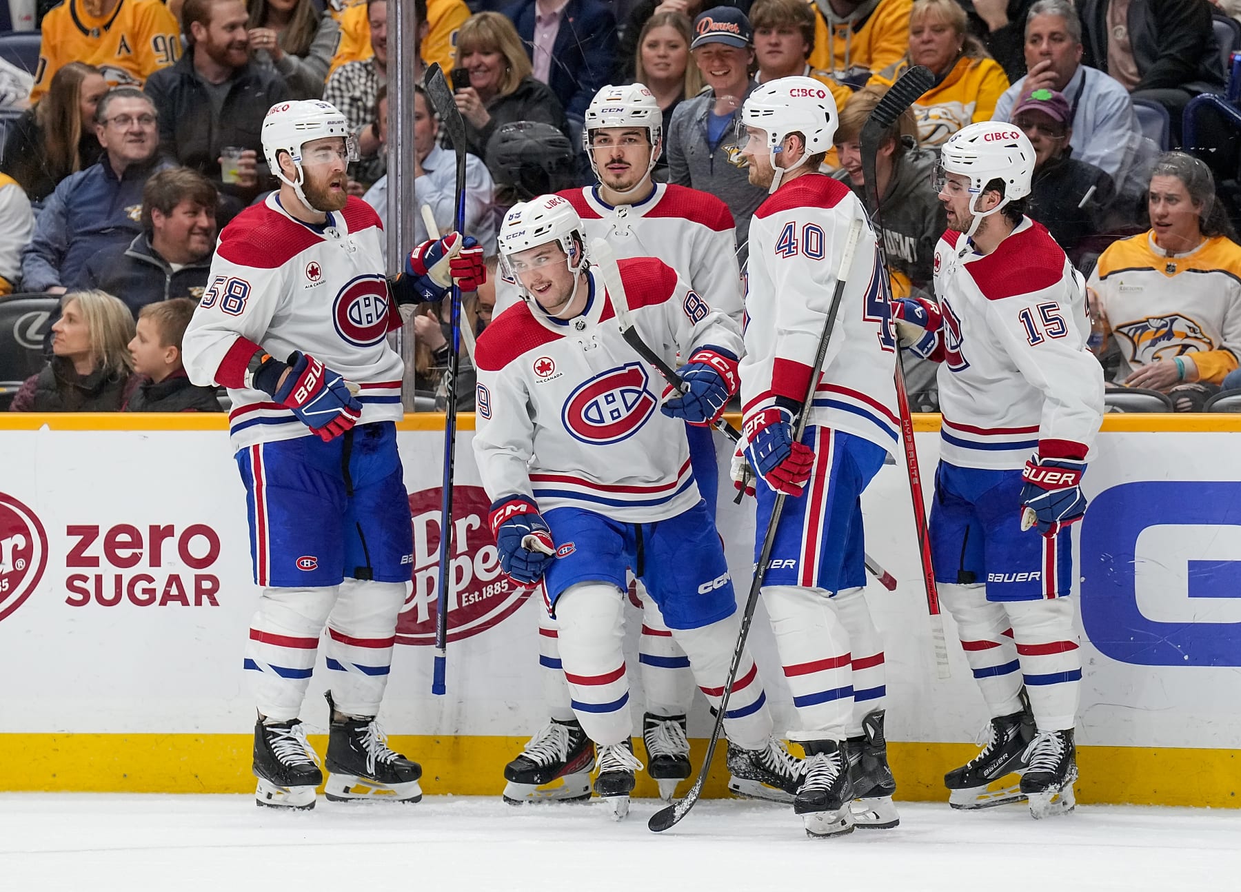 NASHVILLE, TENNESSEE - MARCH 5: Joshua Roy #89 of the Montreal Canadiens celebrates his goal against the Nashville Predators during an NHL game at Bridgestone Arena on March 5, 2024 in Nashville, Tennessee. (Photo by John Russell/NHLI via Getty Images)