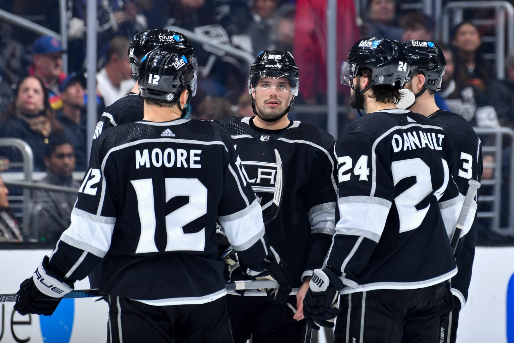 LOS ANGELES, CA - MARCH 5: Los Angeles Kings meet on the ice during the third period against the Vancouver Canucks at Crypto.com Arena on March 5, 2024 in Los Angeles, California. (Photo by Juan Ocampo/NHLI via Getty Images)