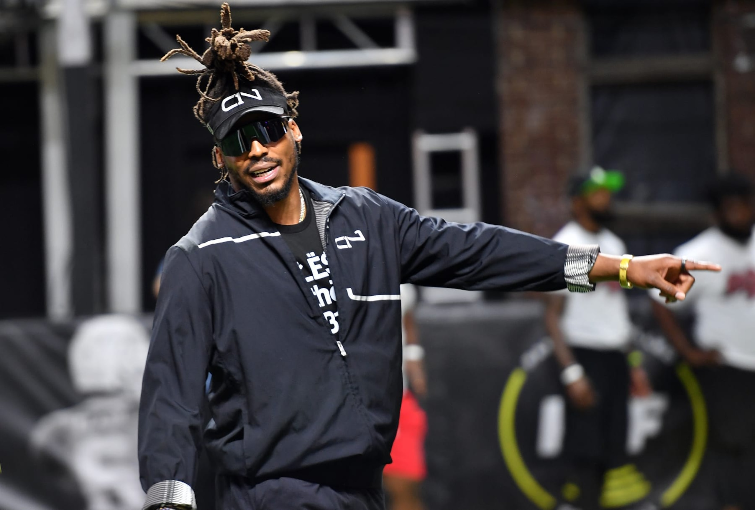ATLANTA, GEORGIA - APRIL 30:  Cam Newton attends 2022 Huncho Day Celebrity Football Game during Fan Controlled Football Season v2.0 - Week Three at Pullman Yards on April 30, 2022 in Atlanta, Georgia. (Photo by Paras Griffin/Getty Images)