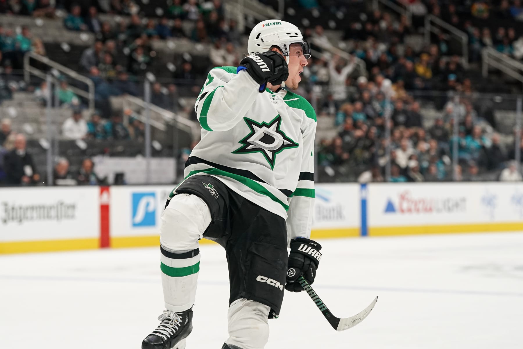 SAN JOSE, CA - MARCH 5: Roope Hintz #24 of the Dallas Stars celebrates scoring the game-winning goal in overtime against the San Jose Sharks at SAP Center on March 5, 2024 in San Jose, California. (Photo by Kavin Mistry/NHLI via Getty Images)
