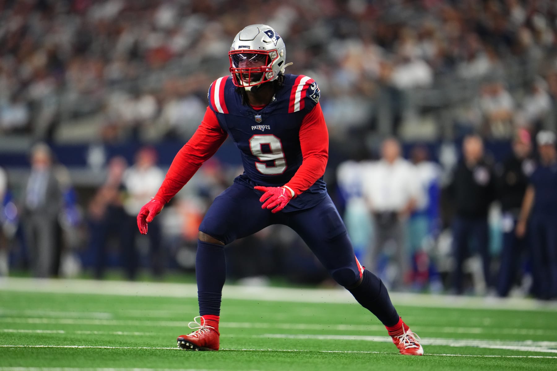ARLINGTON, TX - OCTOBER 01: Matthew Judon #9 of the New England Patriots defends against the Dallas Cowboys during the second half at AT&T Stadium on October 1, 2023 in Arlington, Texas. (Photo by Cooper Neill/Getty Images)